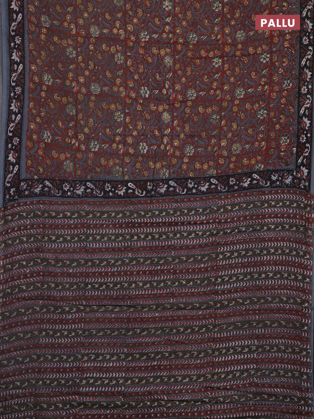 Jaipur cotton saree rust shade and black grey with allover kalamkari prints and printed border - Image 3