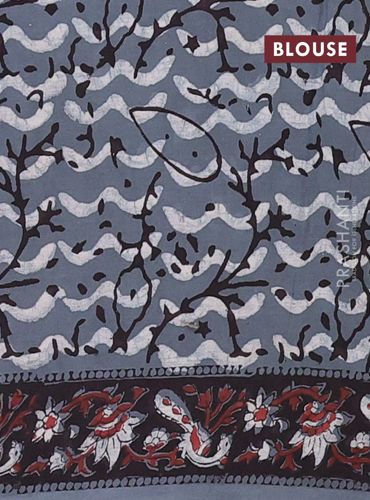 Jaipur cotton saree rust shade and black grey with allover kalamkari prints and printed border - Image 4