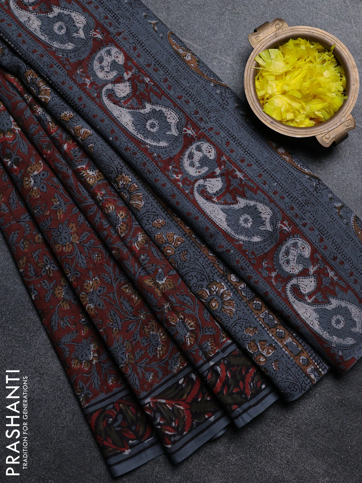 Jaipur cotton saree rust shade and black grey with allover kalamkari prints and printed border