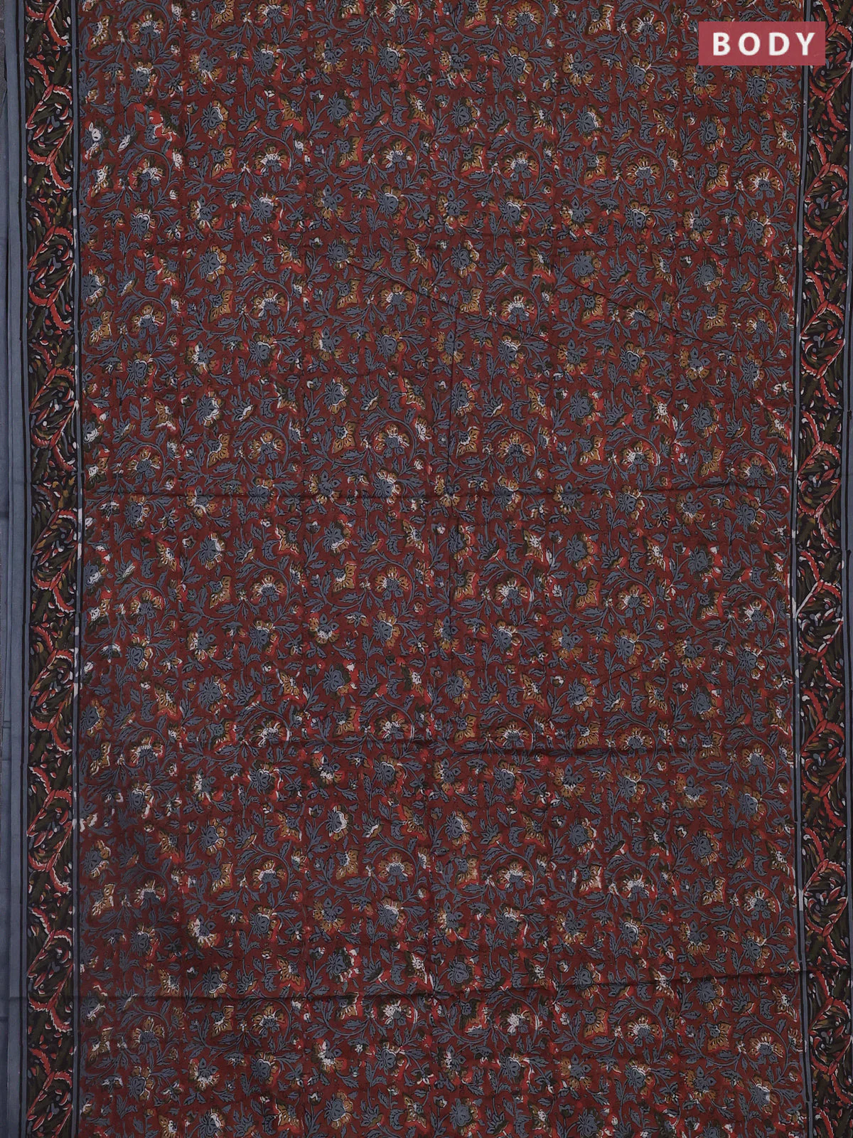 Jaipur cotton saree rust shade and black grey with allover kalamkari prints and printed border - Image 2
