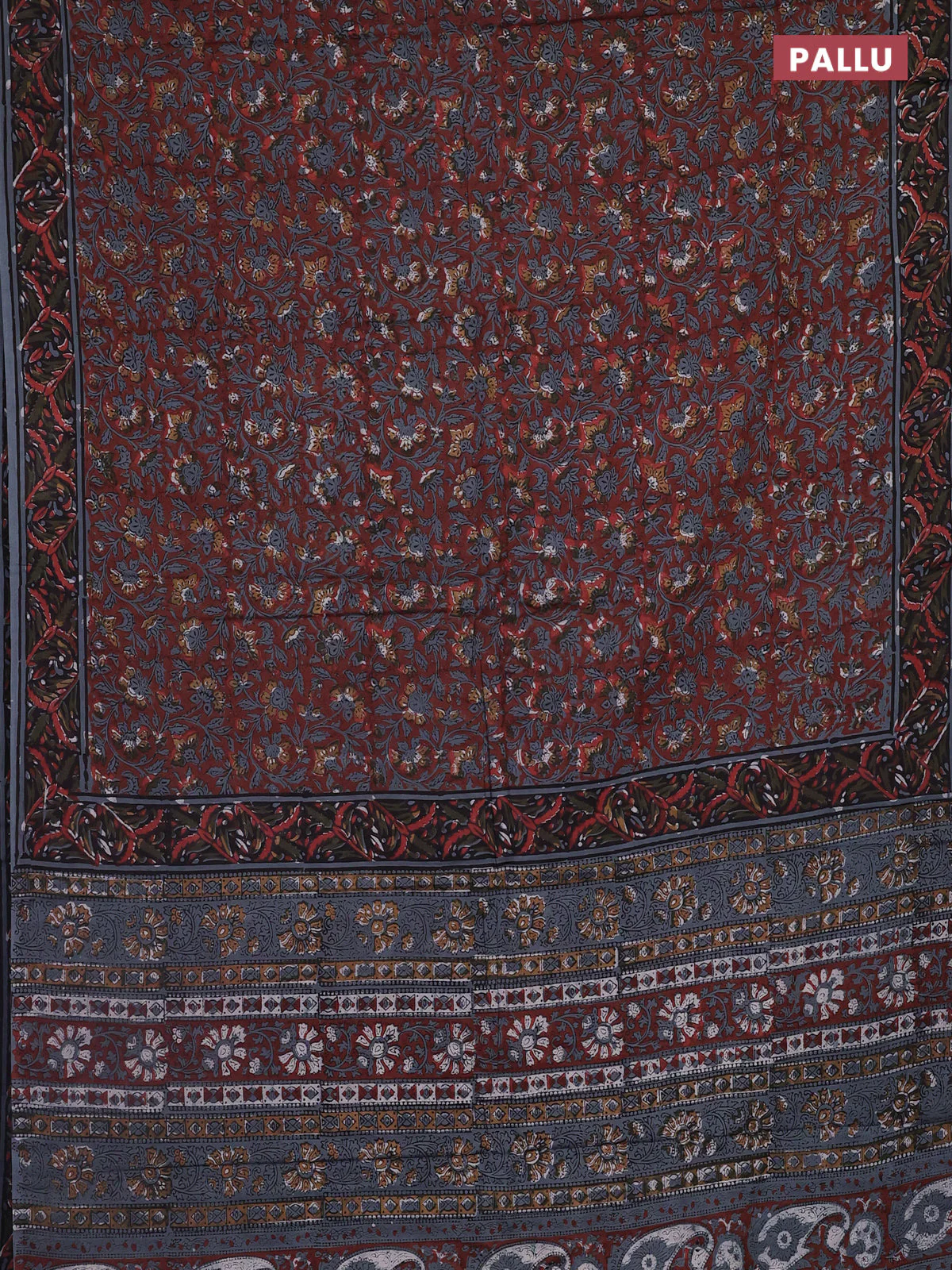 Jaipur cotton saree rust shade and black grey with allover kalamkari prints and printed border - Image 3