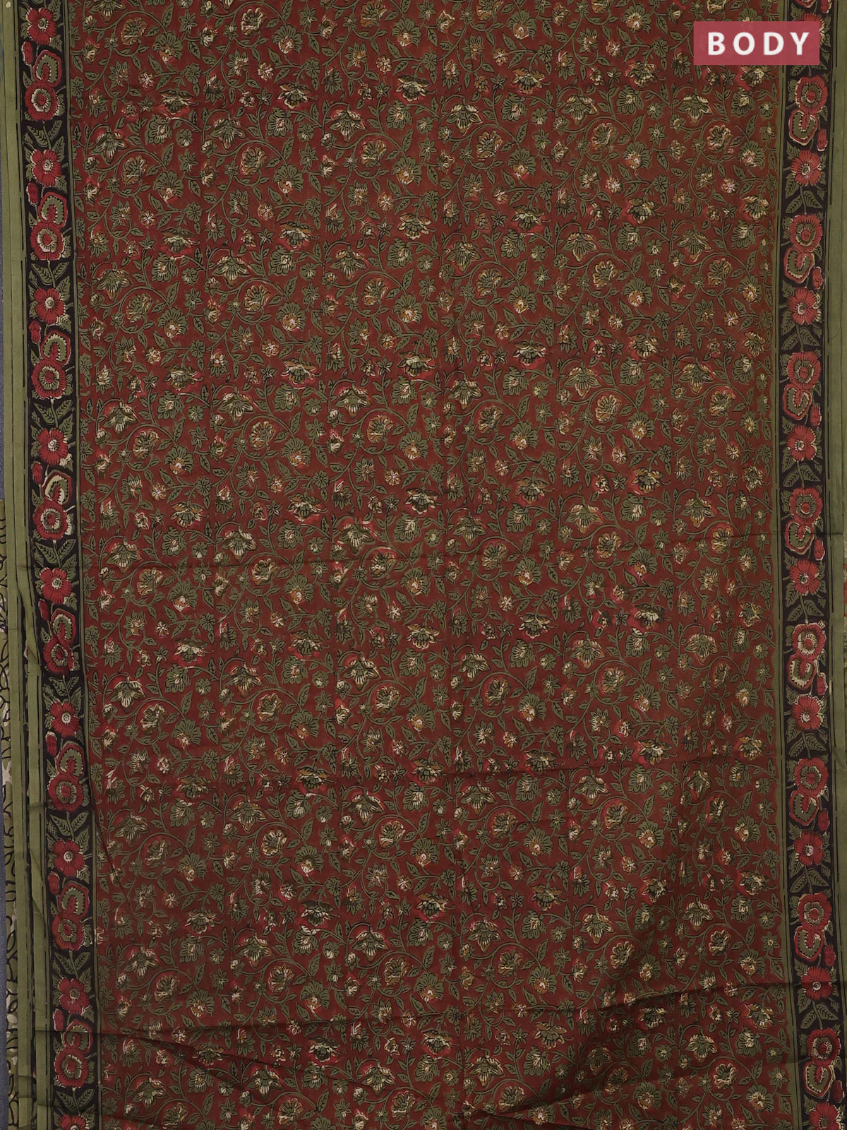 Jaipur cotton saree rust shade and green with allover kalamkari prints and printed border - Image 2