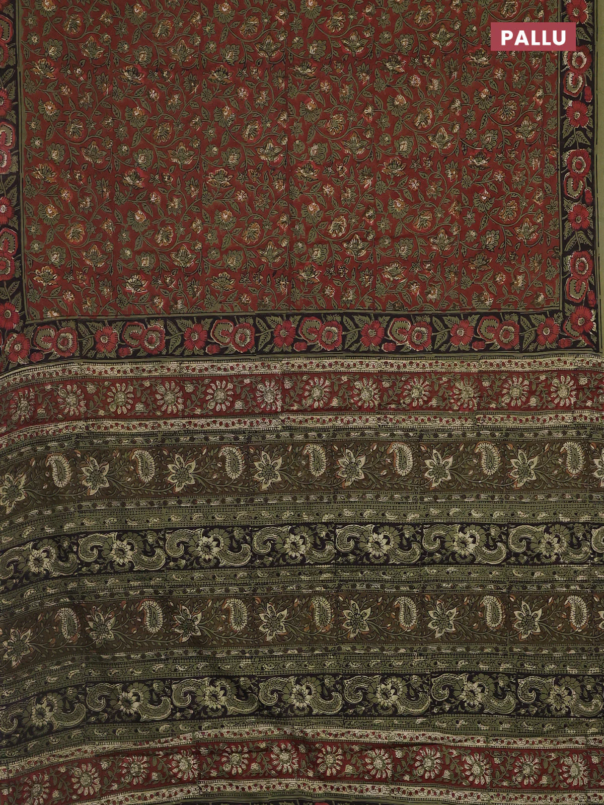 Jaipur cotton saree rust shade and green with allover kalamkari prints and printed border - Image 3