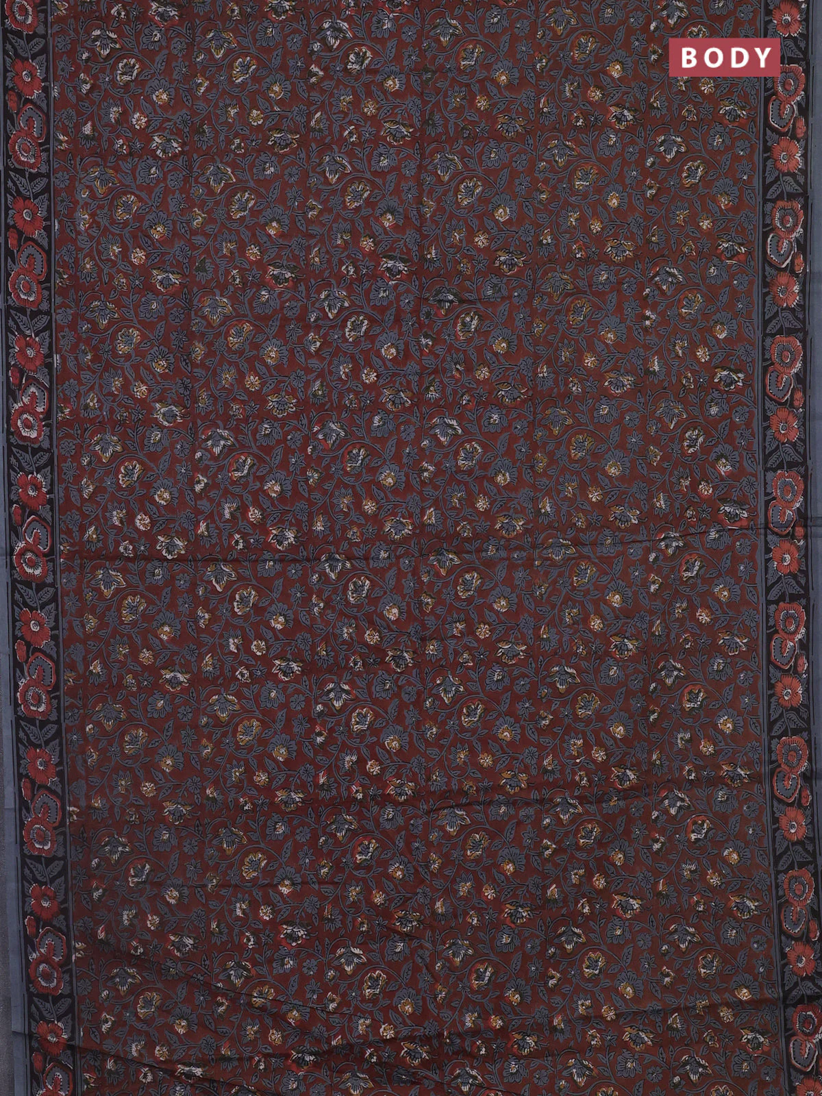 Jaipur cotton saree rust shade and grey with allover kalamkari prints and printed border - Image 2