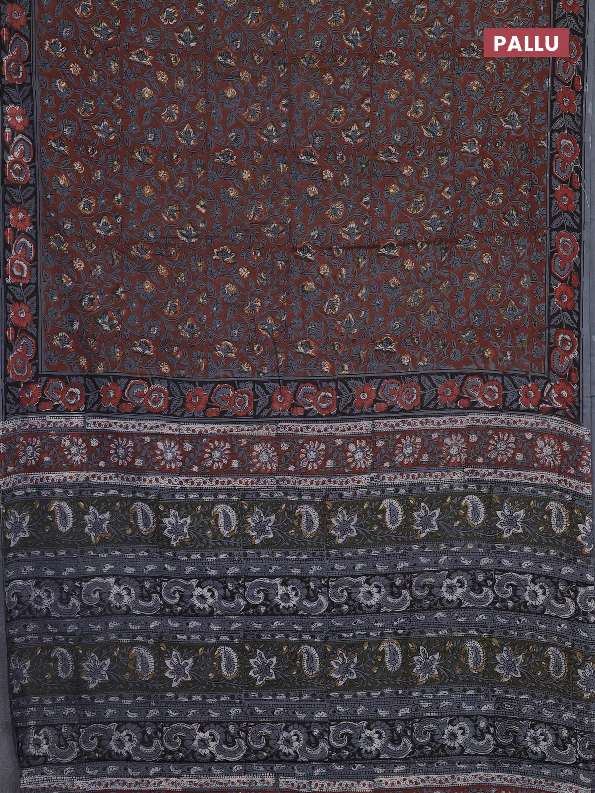 Jaipur cotton saree rust shade and grey with allover kalamkari prints and printed border - Image 3