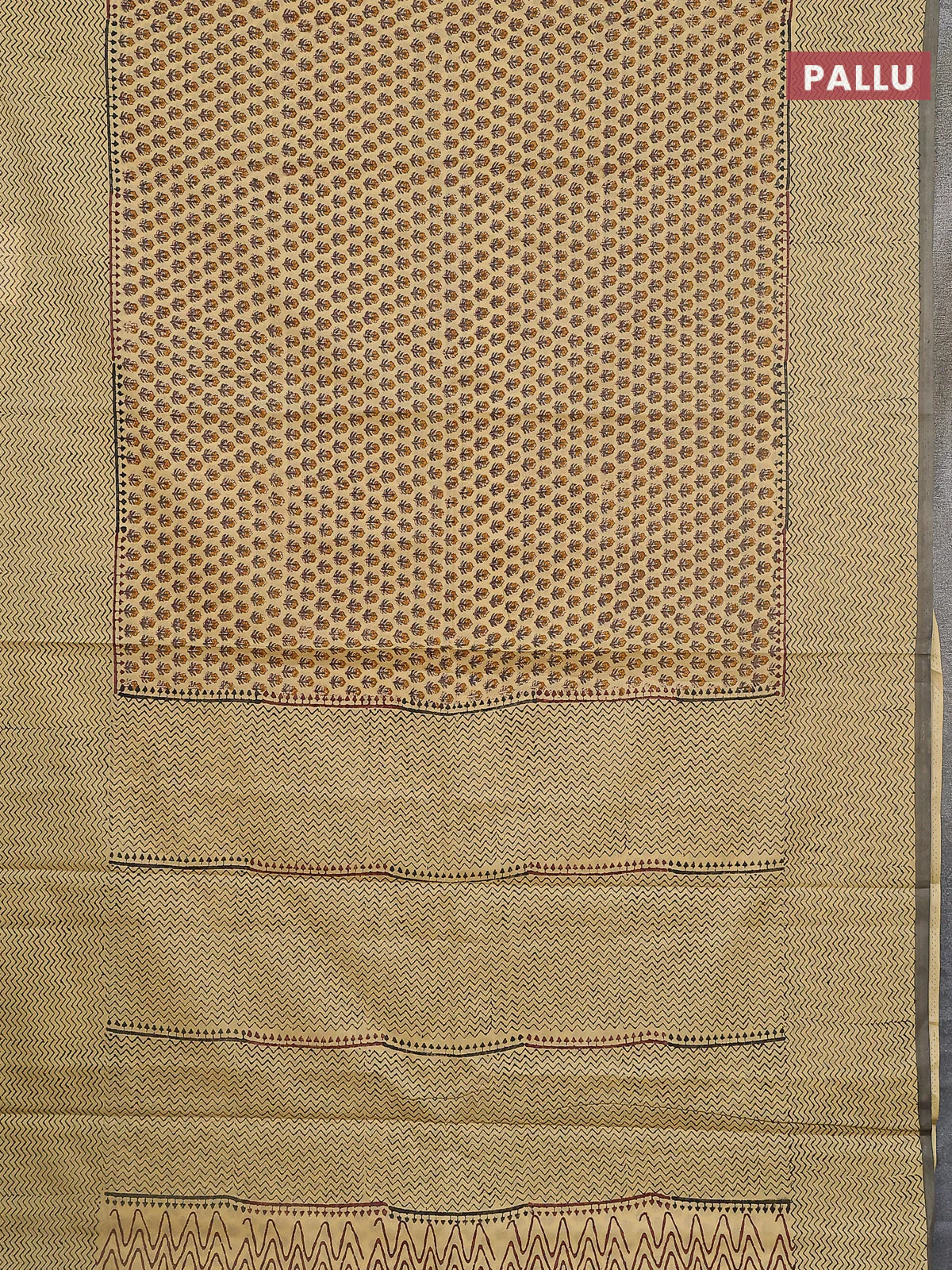 Jaipur cotton saree sandal and grey with allover butta prints and zig zag printed border - Image 3