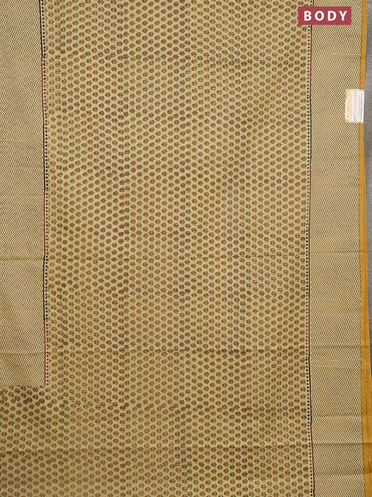 Jaipur cotton saree sandal and mustard yellow with allover butta prints and zig zag printed border - Image 2