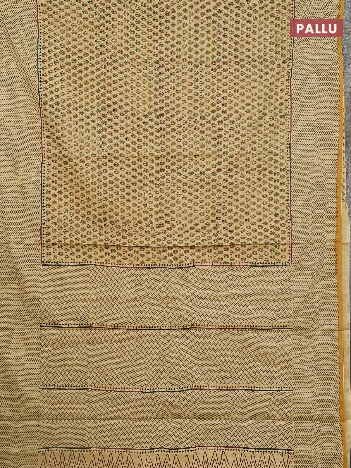 Jaipur cotton saree sandal and mustard yellow with allover butta prints and zig zag printed border - Image 3