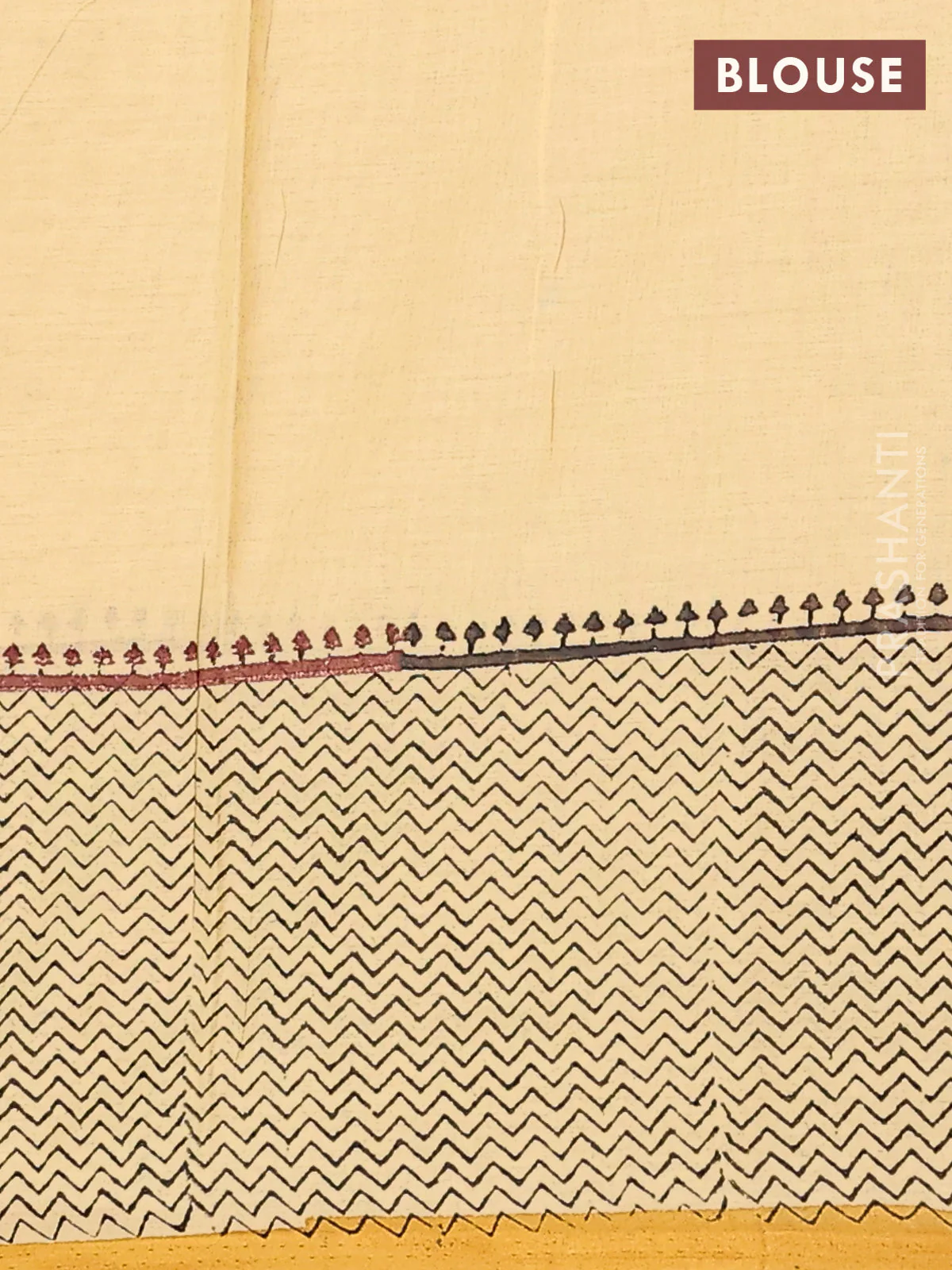 Jaipur cotton saree sandal and mustard yellow with allover butta prints and zig zag printed border - Image 4