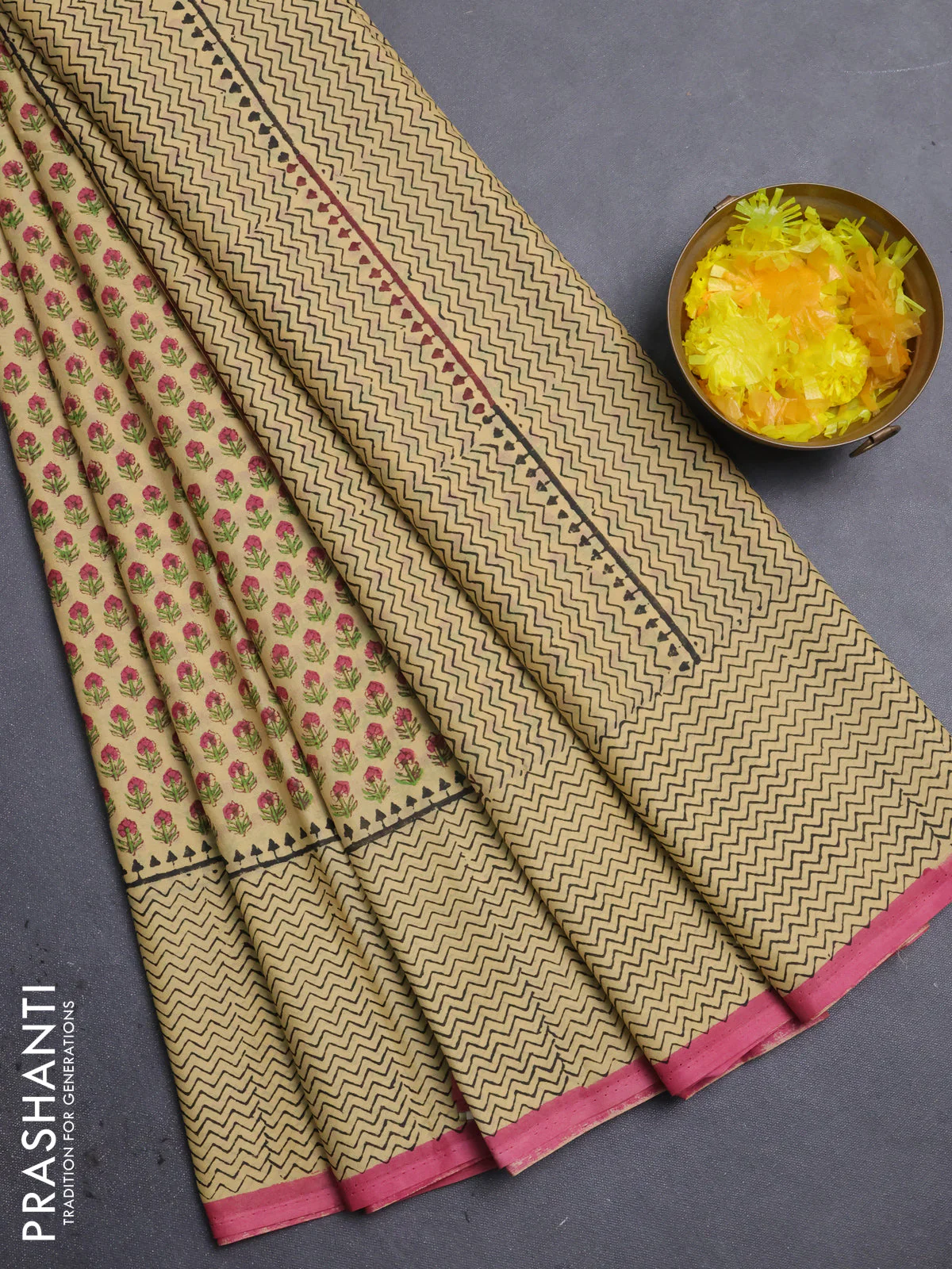 Jaipur cotton saree sandal and pink with allover butta prints and zig zag printed border