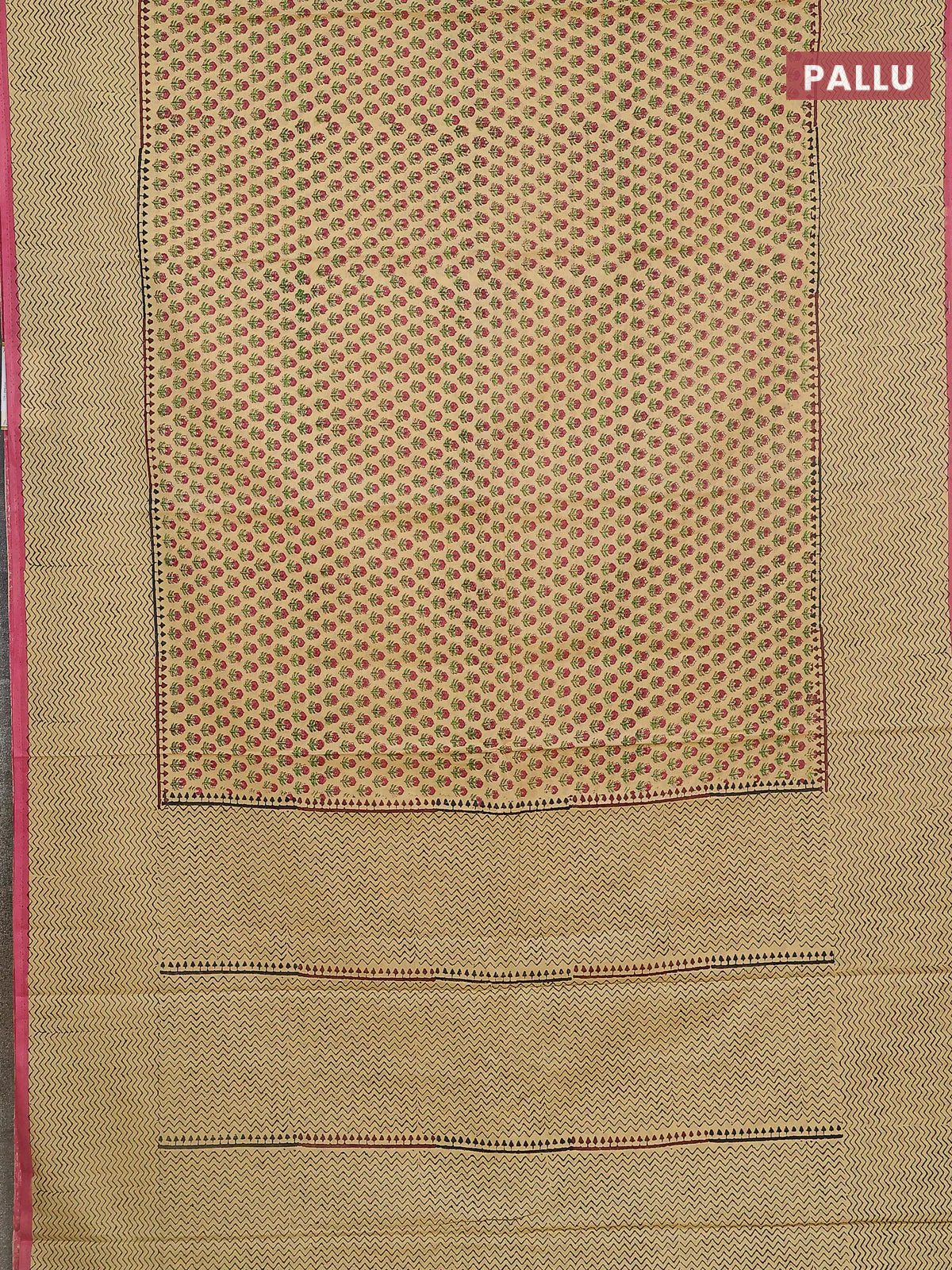 Jaipur cotton saree sandal and pink with allover butta prints and zig zag printed border - Image 3