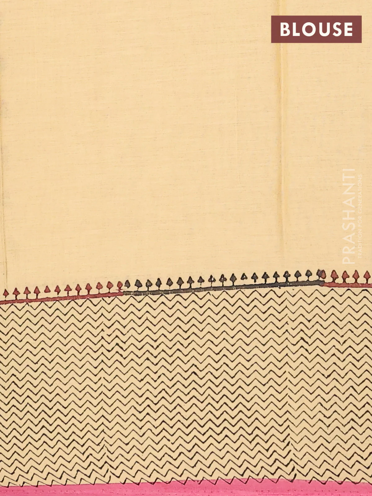 Jaipur cotton saree sandal and pink with allover butta prints and zig zag printed border - Image 4