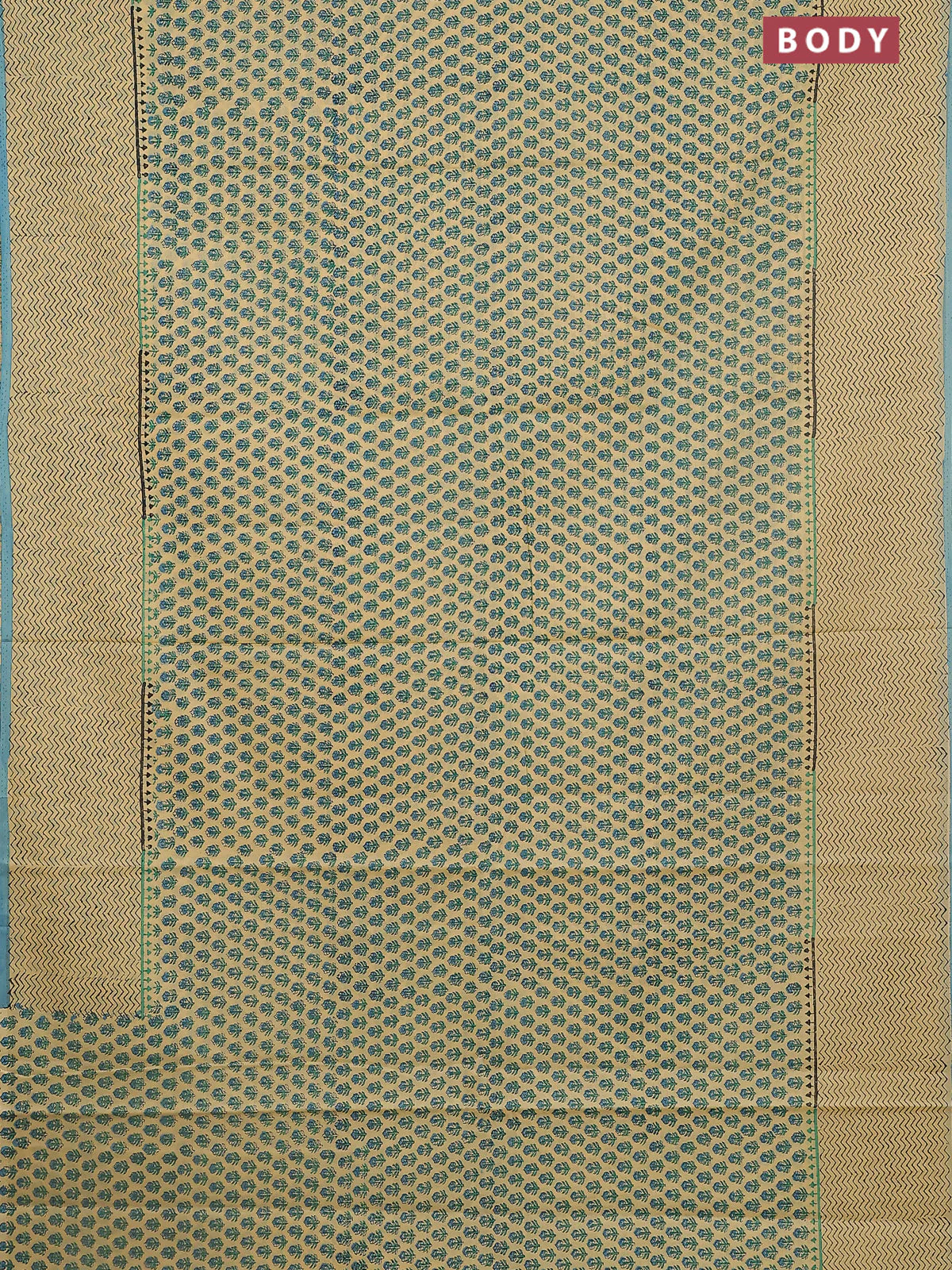 Jaipur cotton saree sandal and teal blue with allover butta prints and zig zag printed border - Image 2