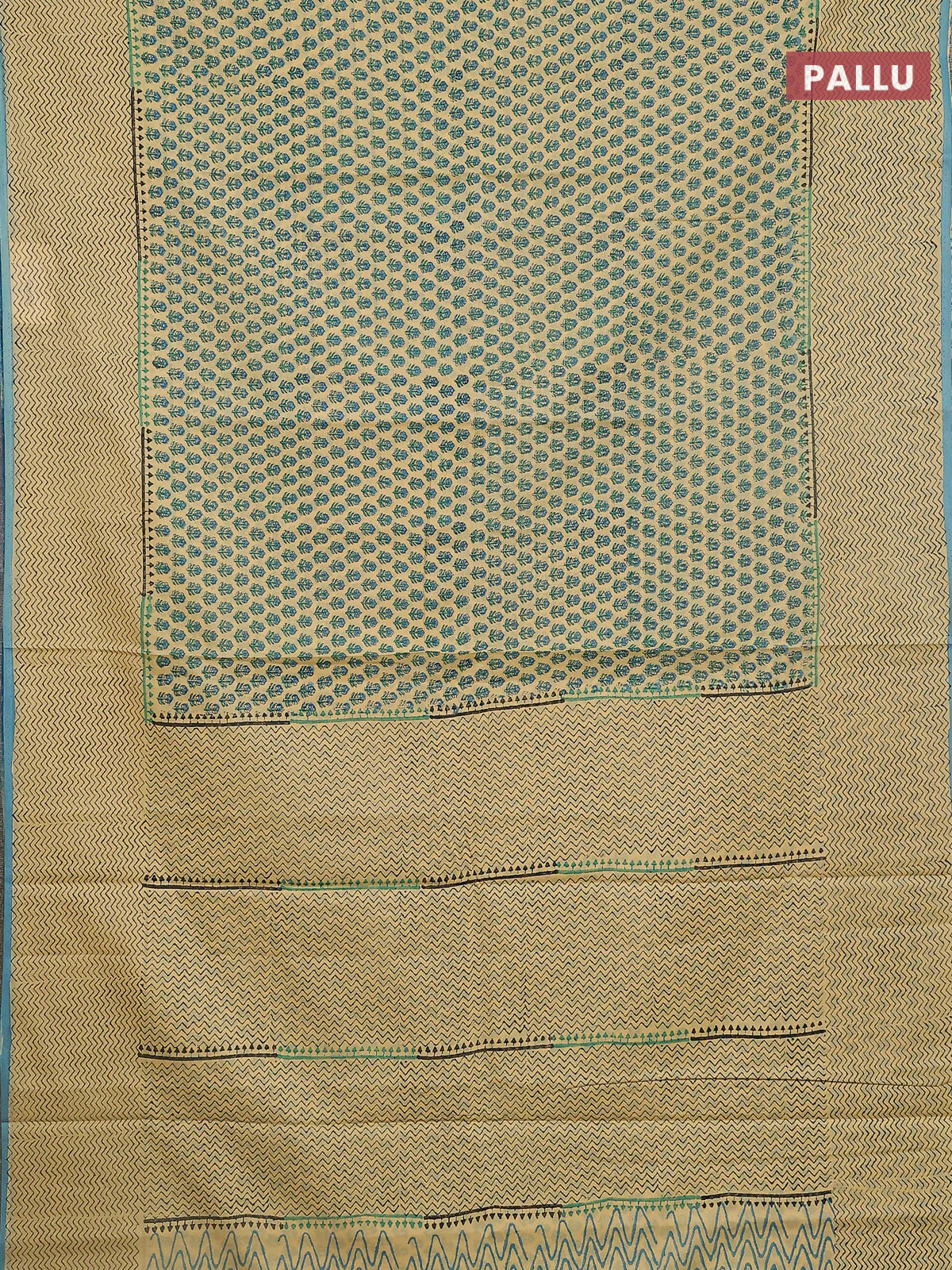 Jaipur cotton saree sandal and teal blue with allover butta prints and zig zag printed border - Image 3