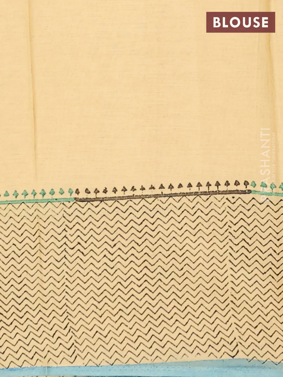Jaipur cotton saree sandal and teal blue with allover butta prints and zig zag printed border - Image 4