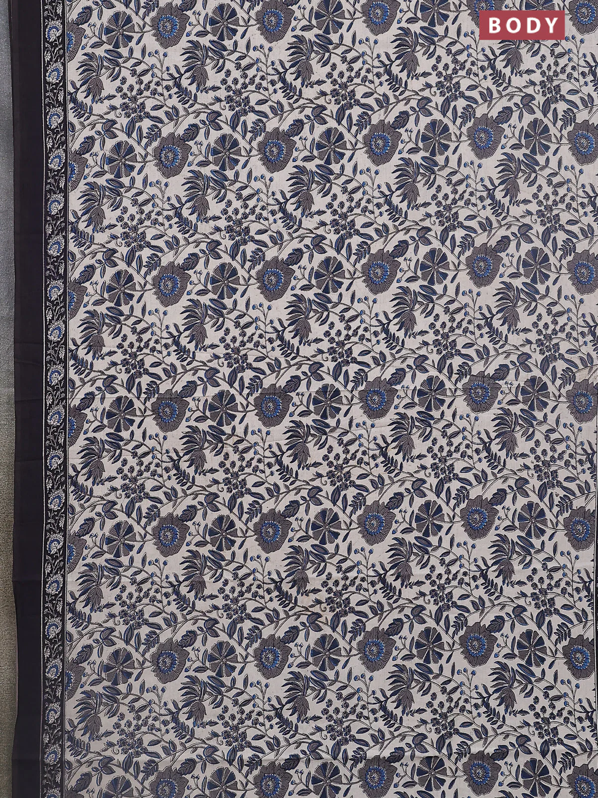 Jaipur cotton saree teal blue and black with allover prints and printed border - Image 2