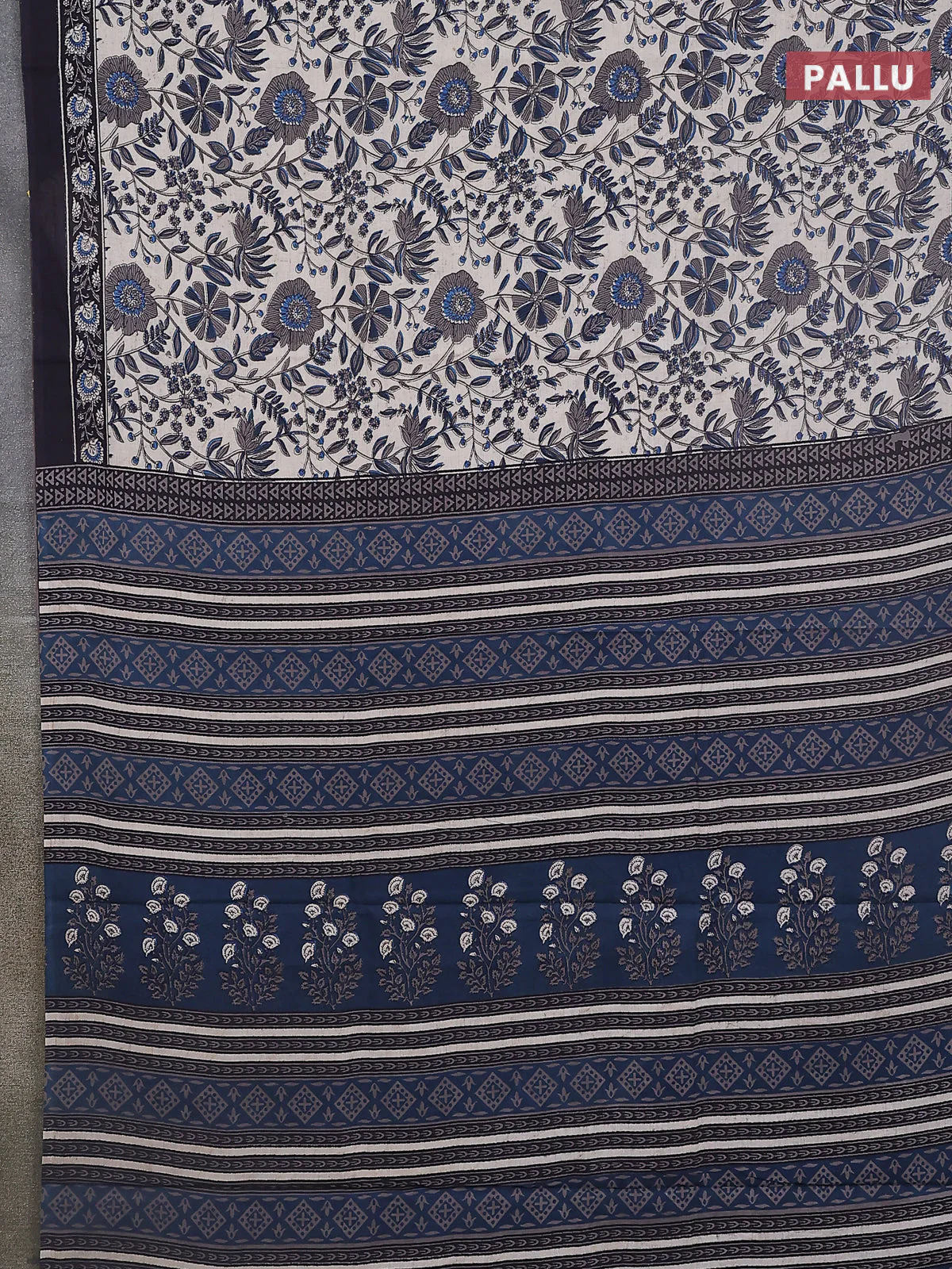 Jaipur cotton saree teal blue and black with allover prints and printed border - Image 3