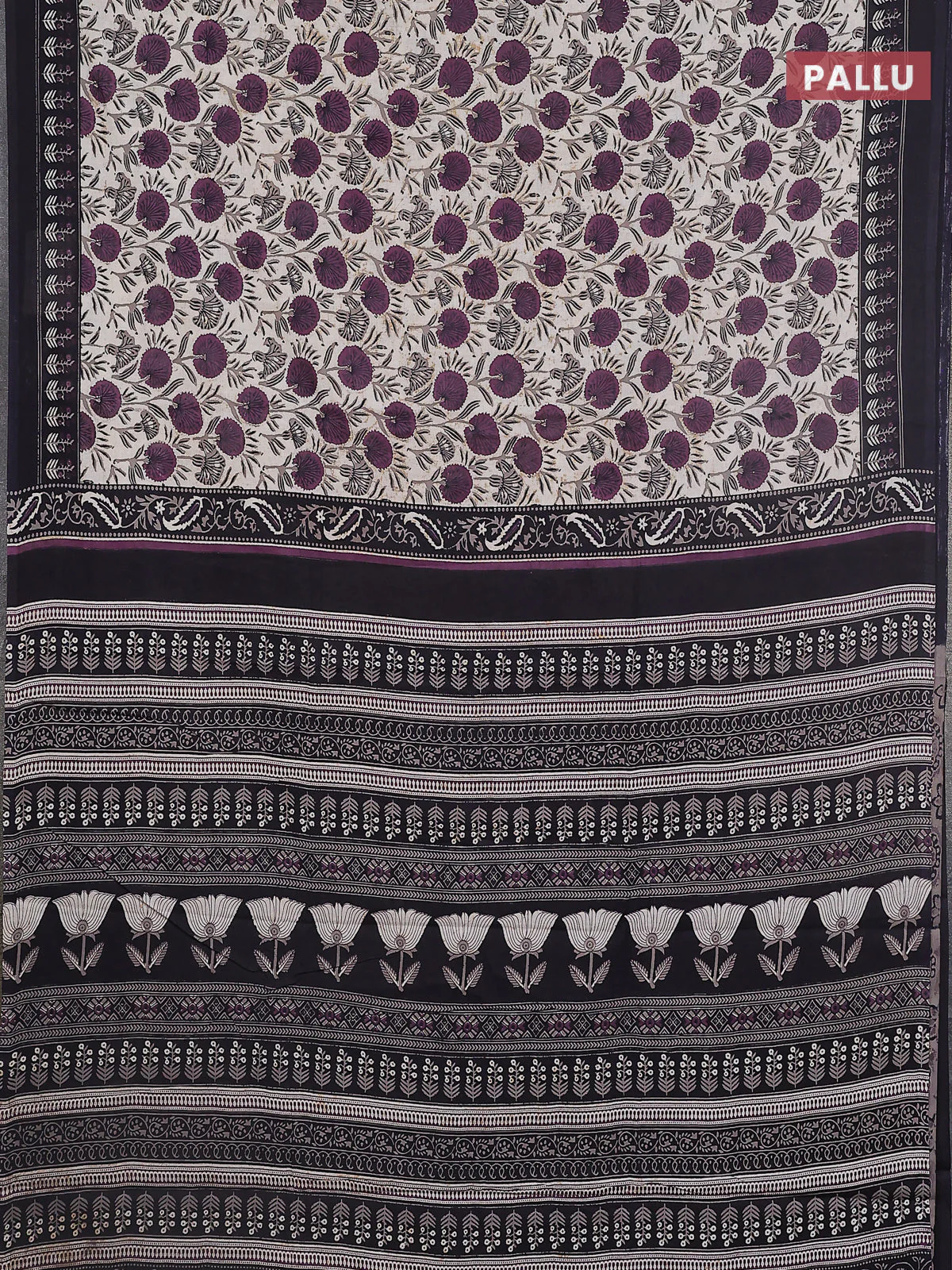 Jaipur cotton saree wine shade and black with allover prints and printed border - Image 3