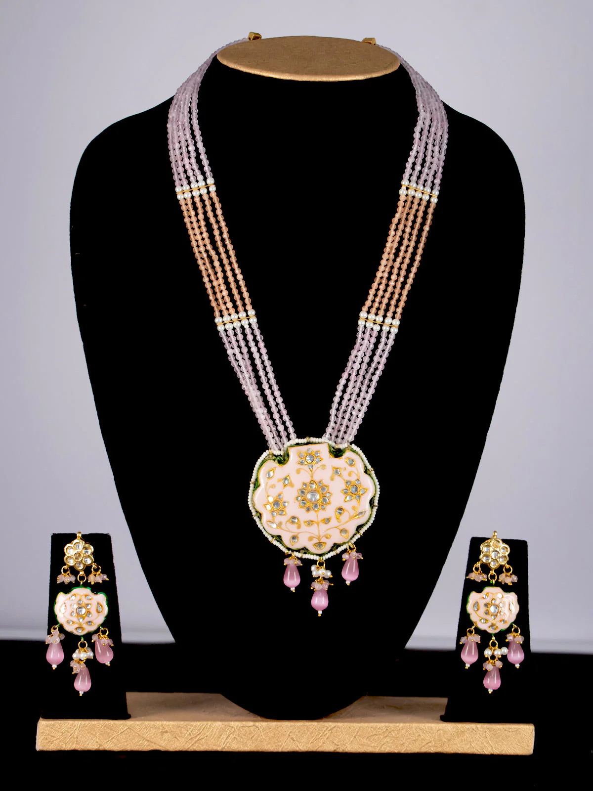 Jaipur crystal beaded baby pink mid length necklace with minakari pendant and hangings
