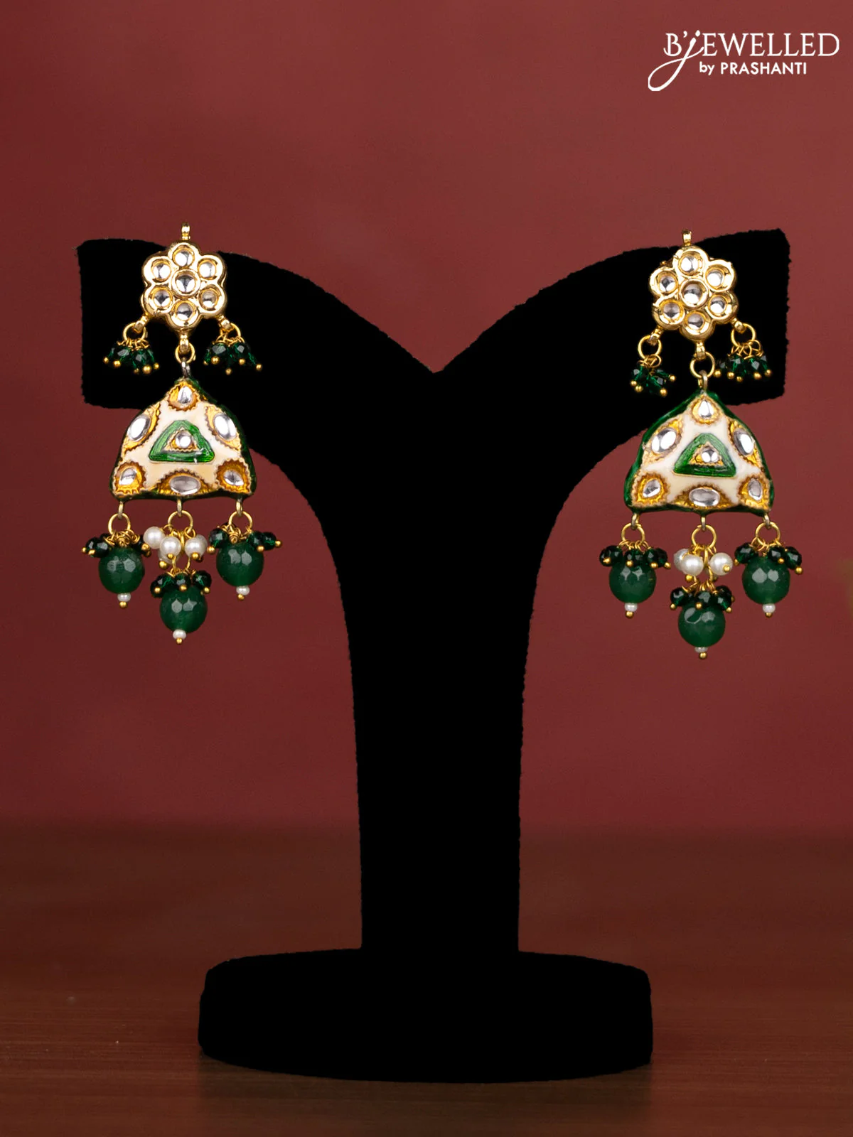 Jaipur crystal beaded dark green length necklace with minakari pendant and hangings - Image 2