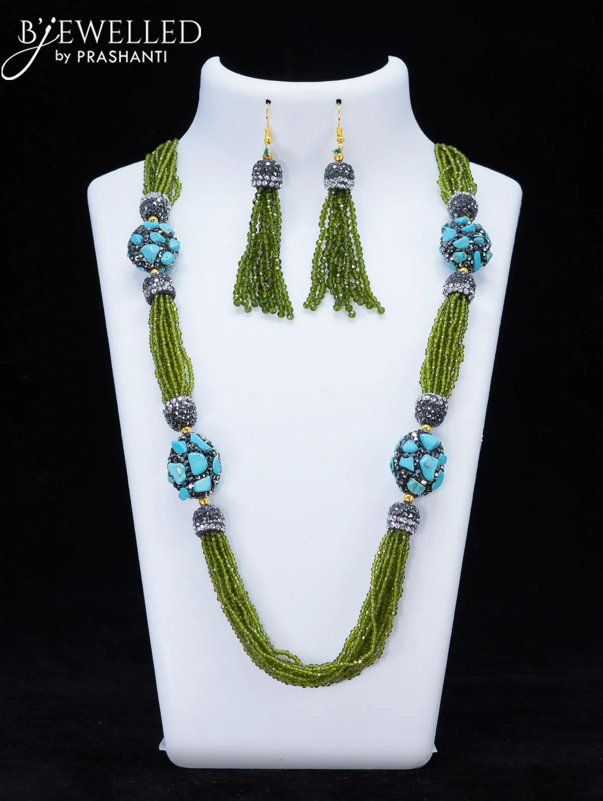 Jaipur crystal beaded green necklace with stones pendant