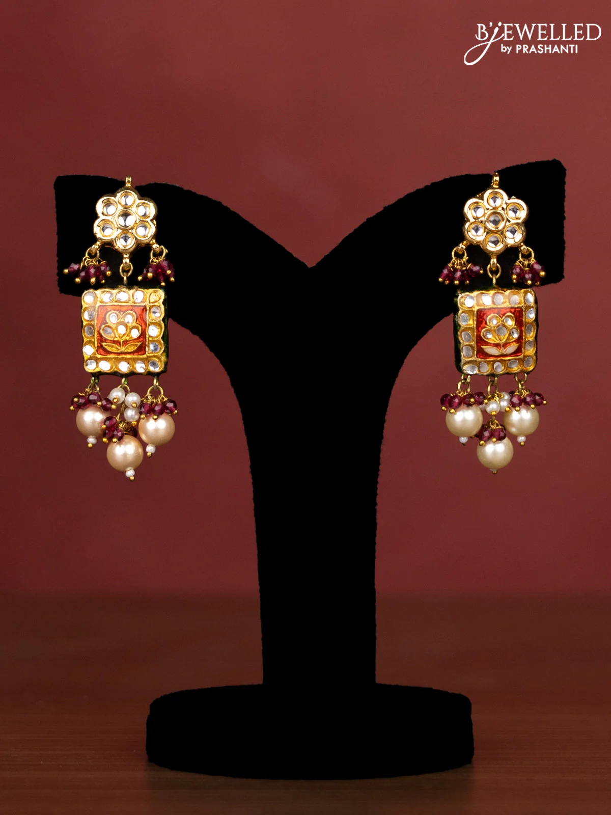 Jaipur crystal beaded grey length necklace with minakari pendant and hangings - Image 2