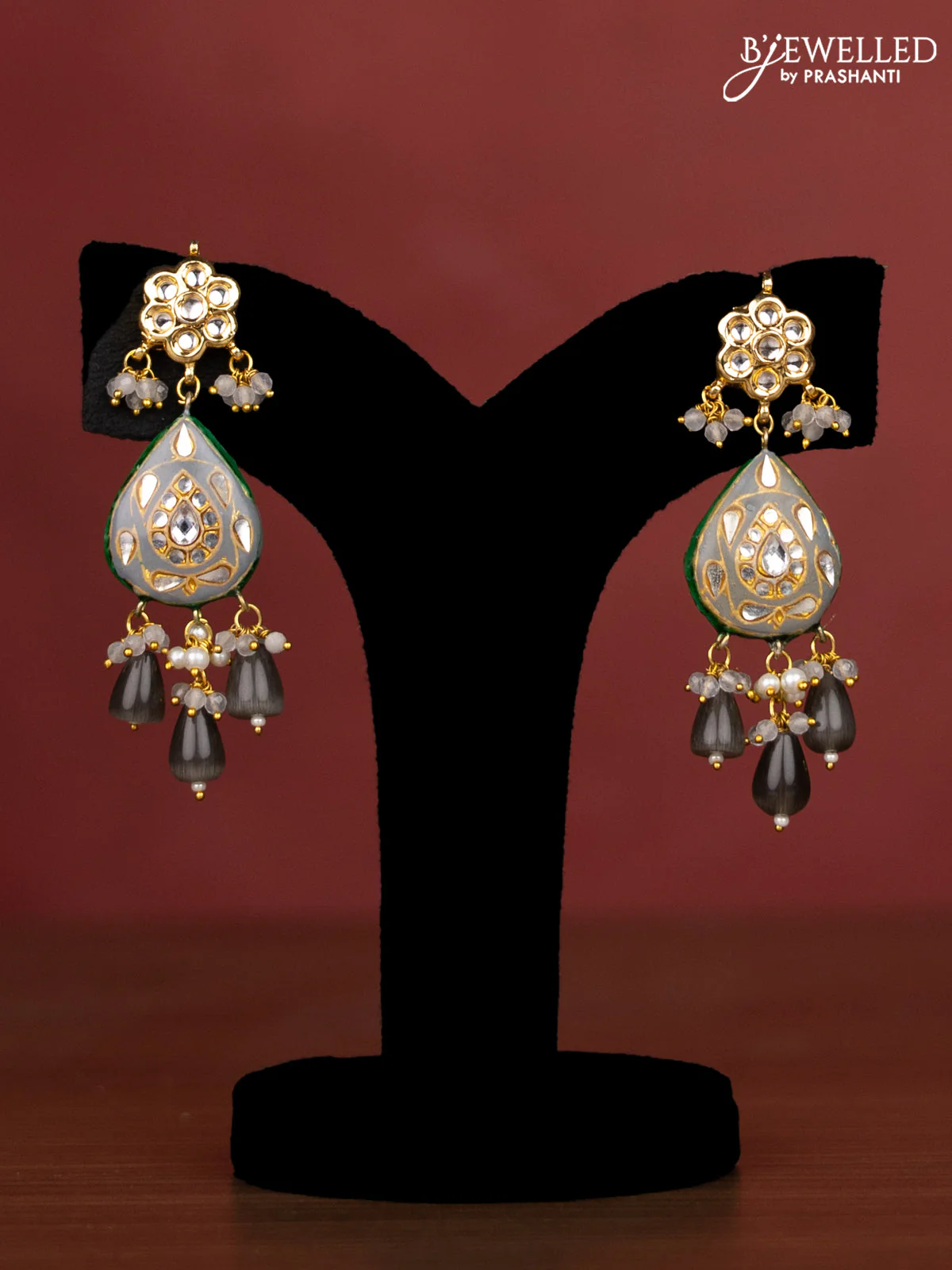 Jaipur crystal beaded grey length necklace with minakari pendant and hangings - Image 2