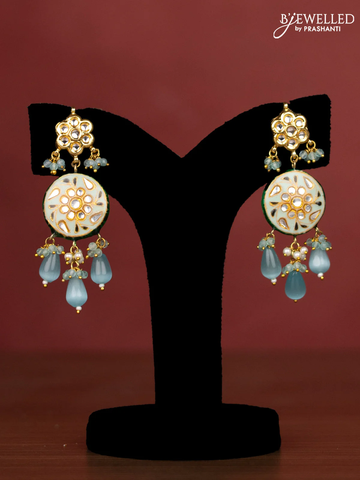 Jaipur crystal beaded light blue length necklace with minakari pendant and hangings - Image 2