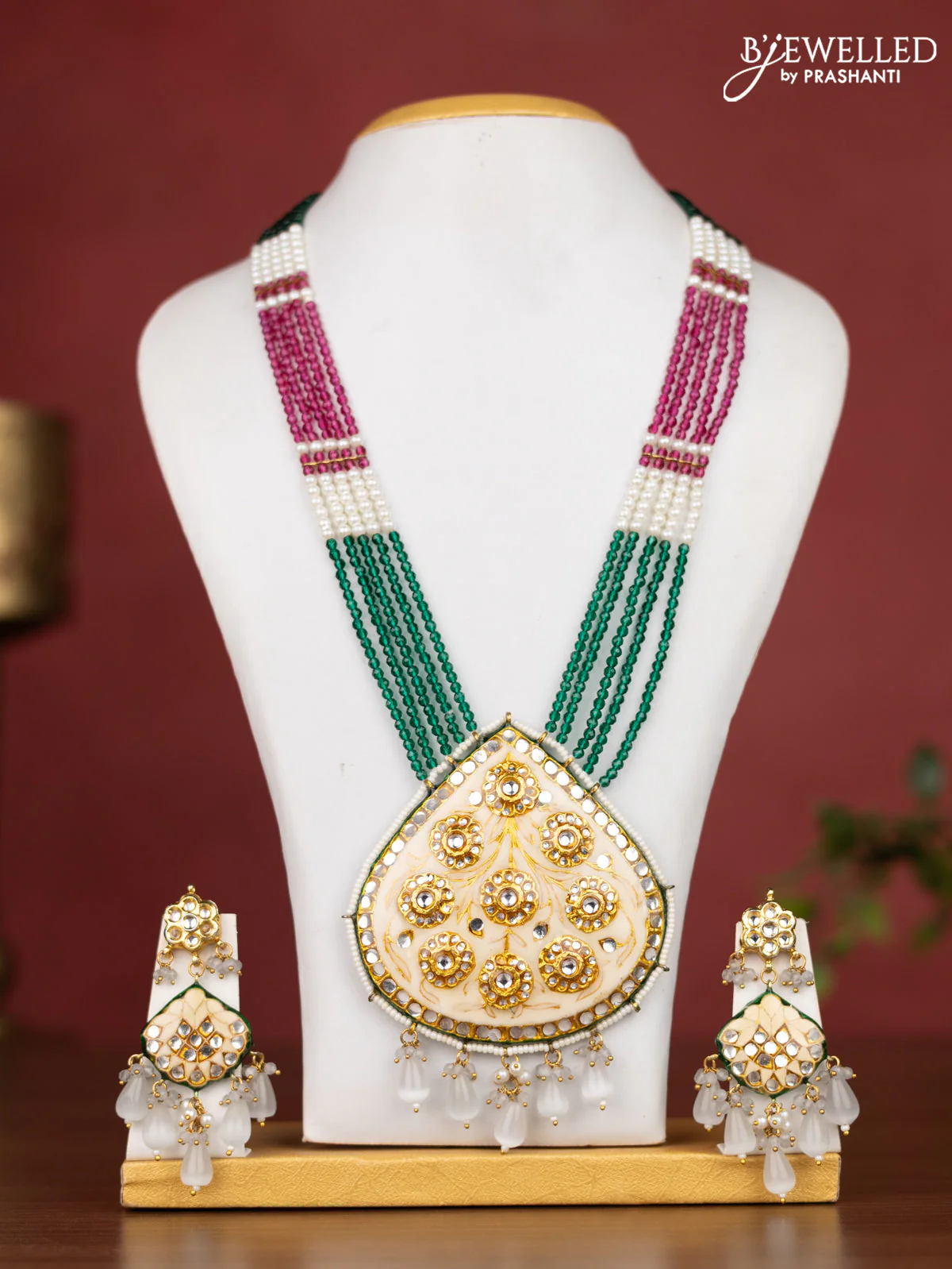 Jaipur crystal beaded multicolour length necklace with minakari pendant and hangings - Image 2