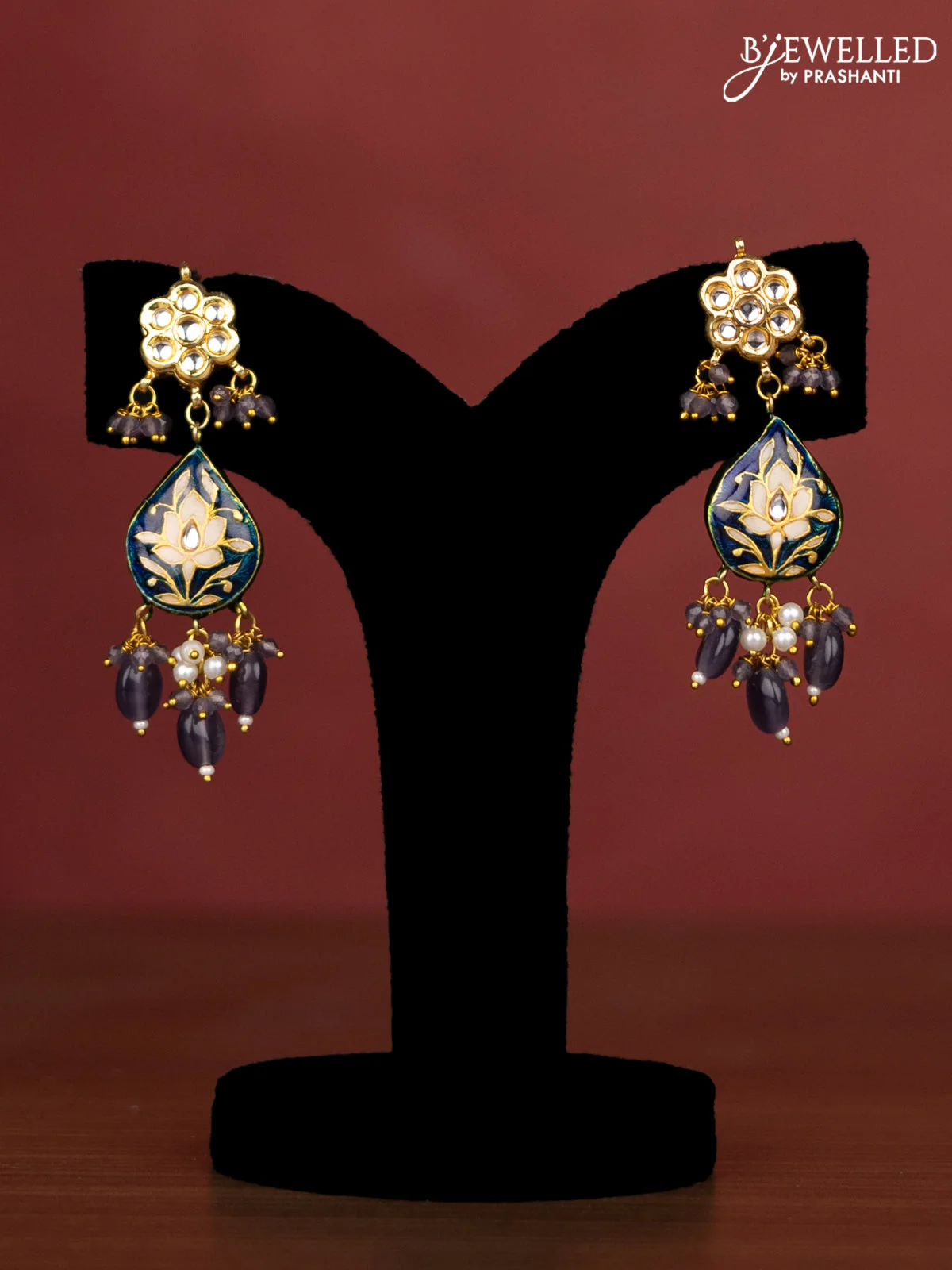 Jaipur crystal beaded violet length necklace with minakari pendant and hangings - Image 2