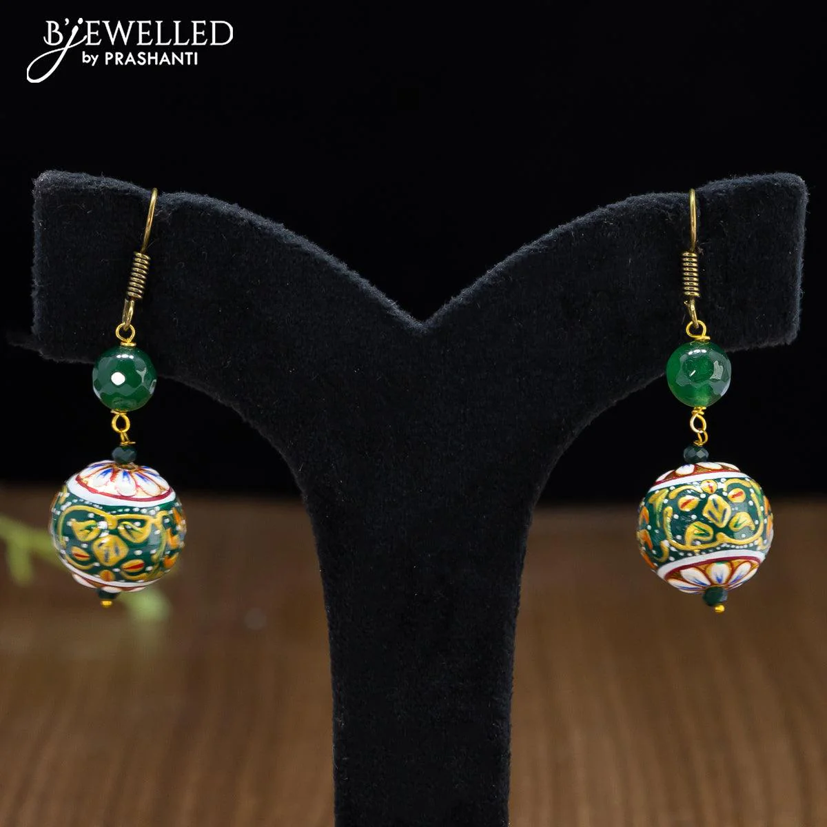 Jaipur dark green crystal and pearls necklace with minakari balls - Image 2