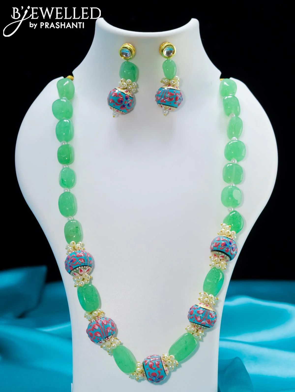 Jaipur light green crystal necklace with minakari balls