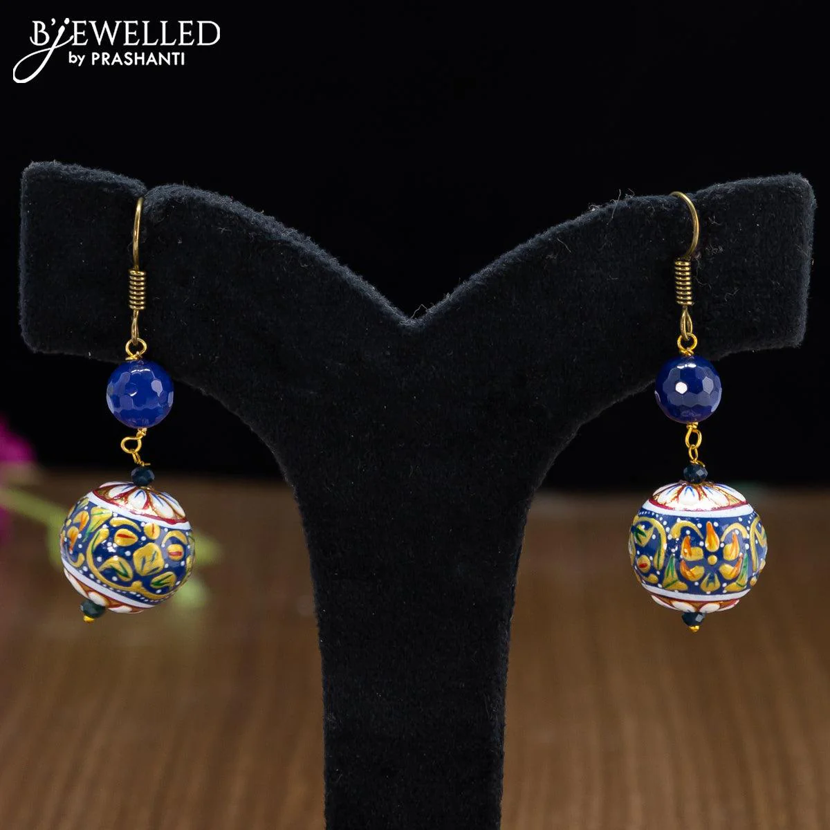 Jaipur navy blue crystal and pearls necklace with minakari balls - Image 2