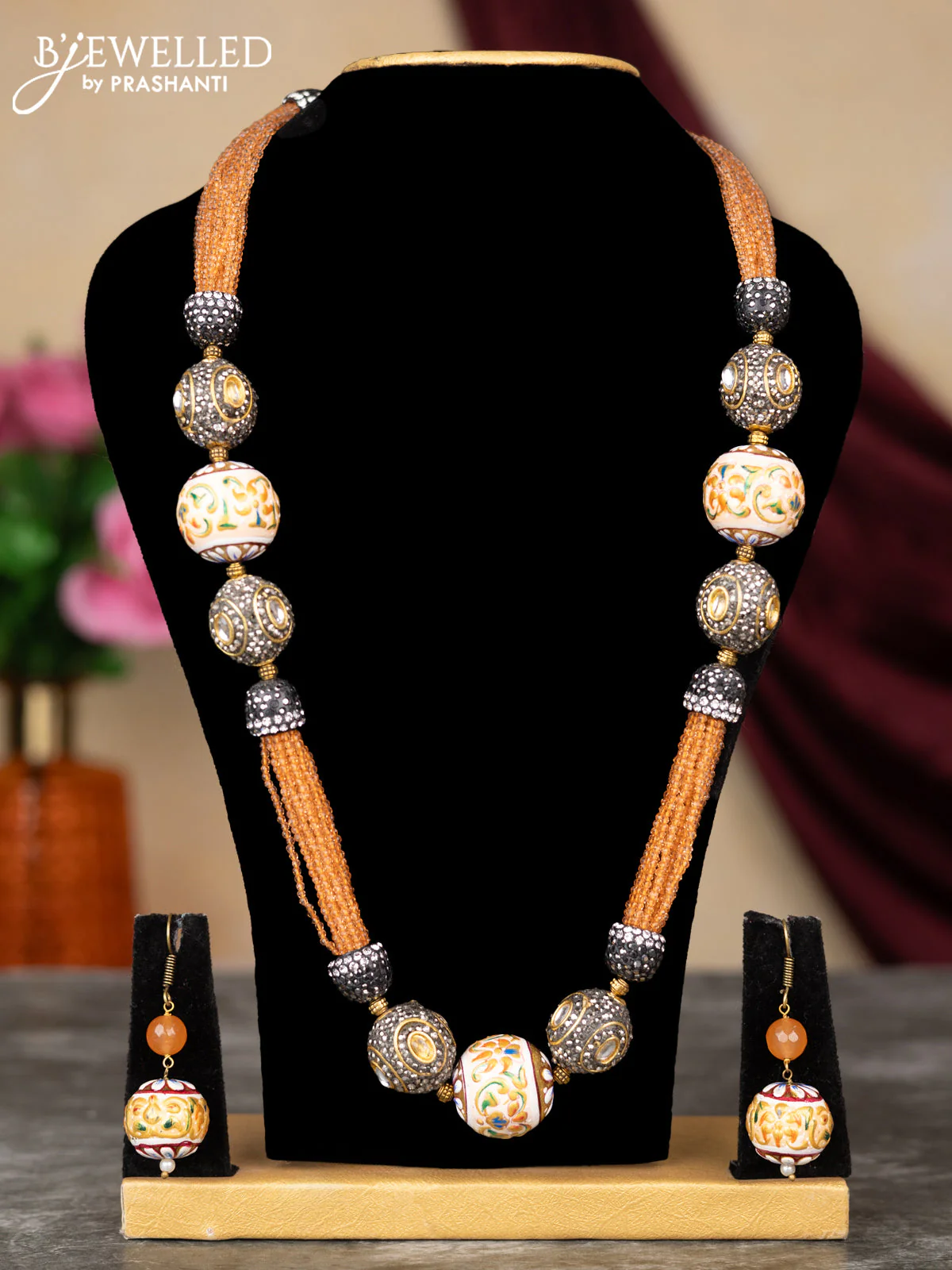 Jaipur orange beaded necklace with minakari balls