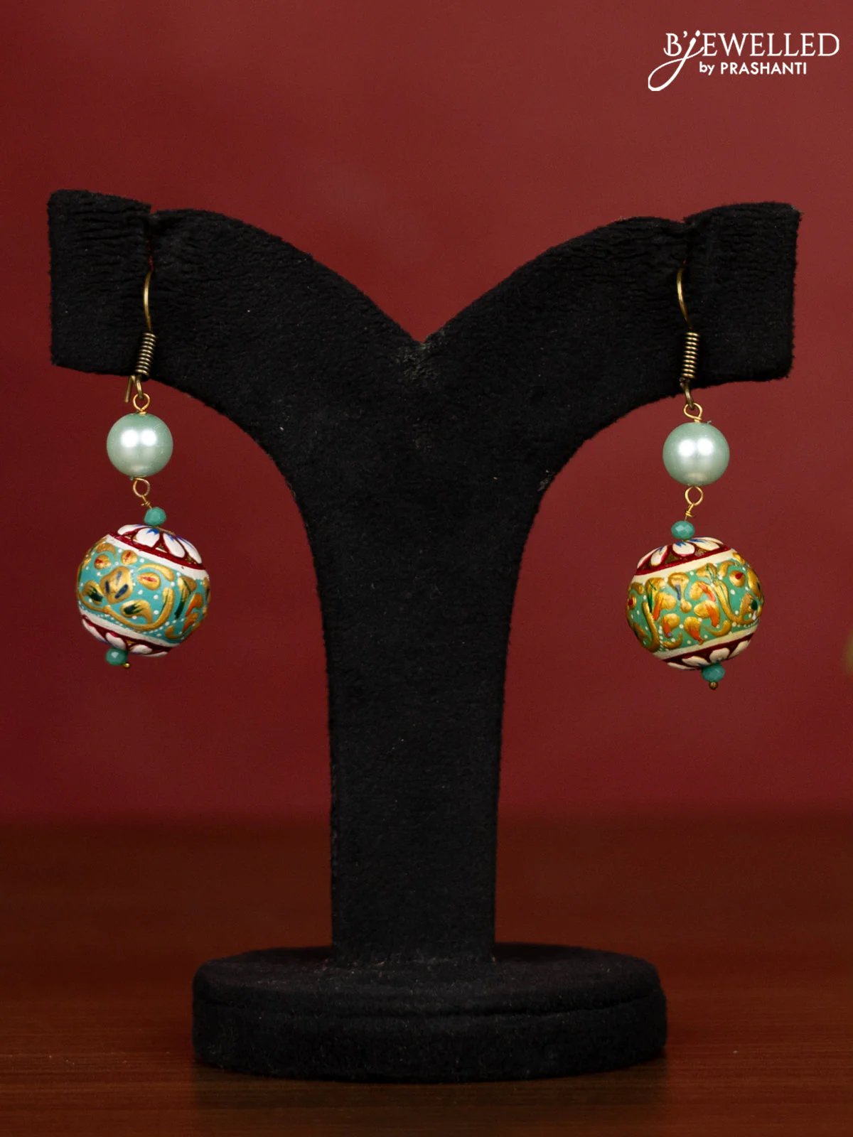 Jaipur teal green crystal and pearl necklace minakari balls - Image 2