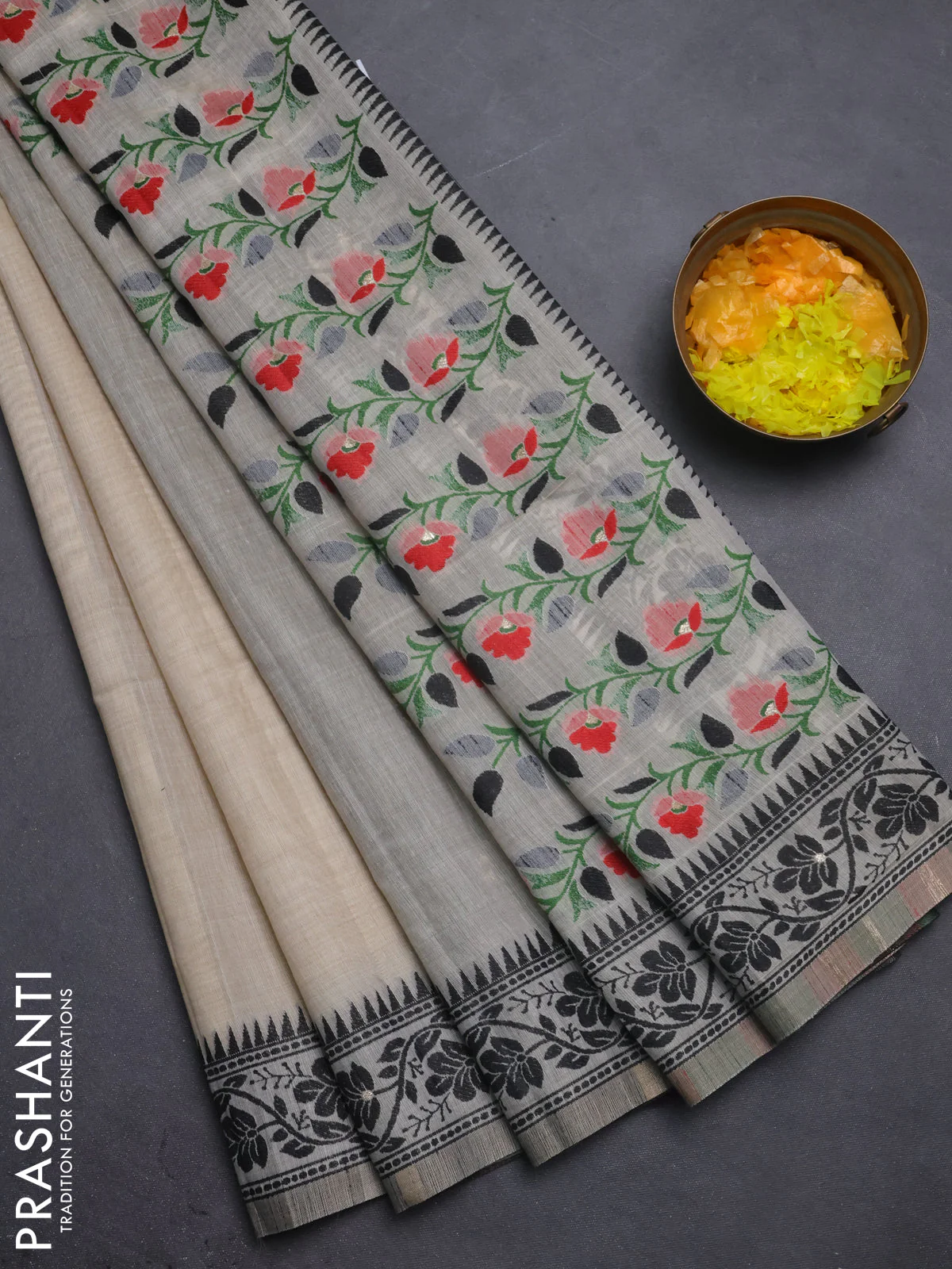 Jamdhani cotton saree beige and black with thread & zari woven buttas and thread weaving pallu