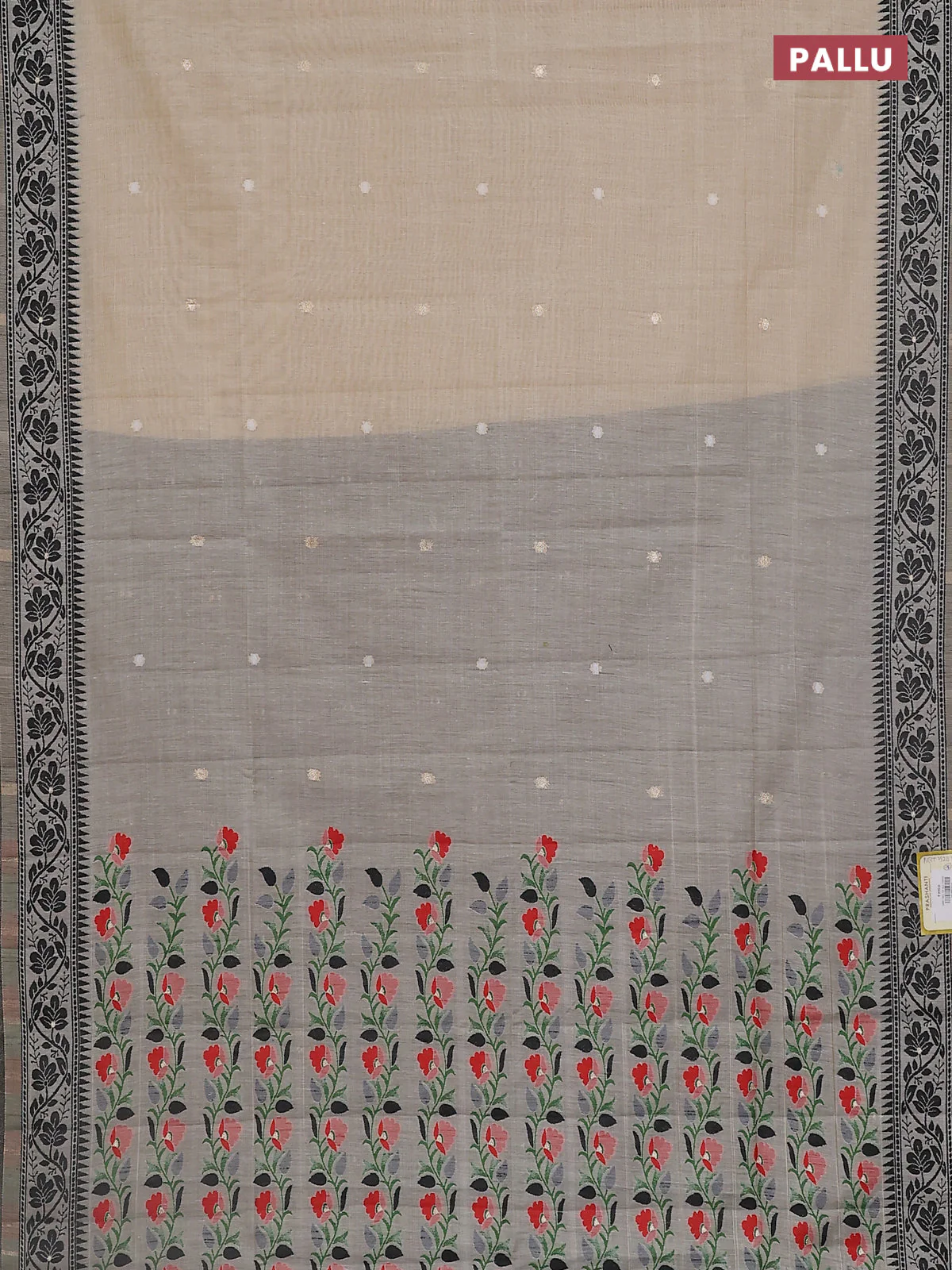 Jamdhani cotton saree beige and black with thread & zari woven buttas and thread weaving pallu - Image 3