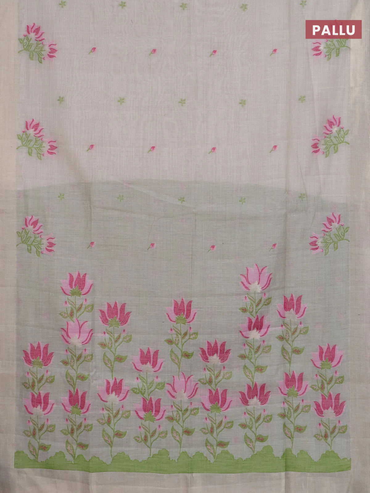Jamdhani cotton saree beige and light green with allover thread woven buttas and jamdhani pallu - Image 3
