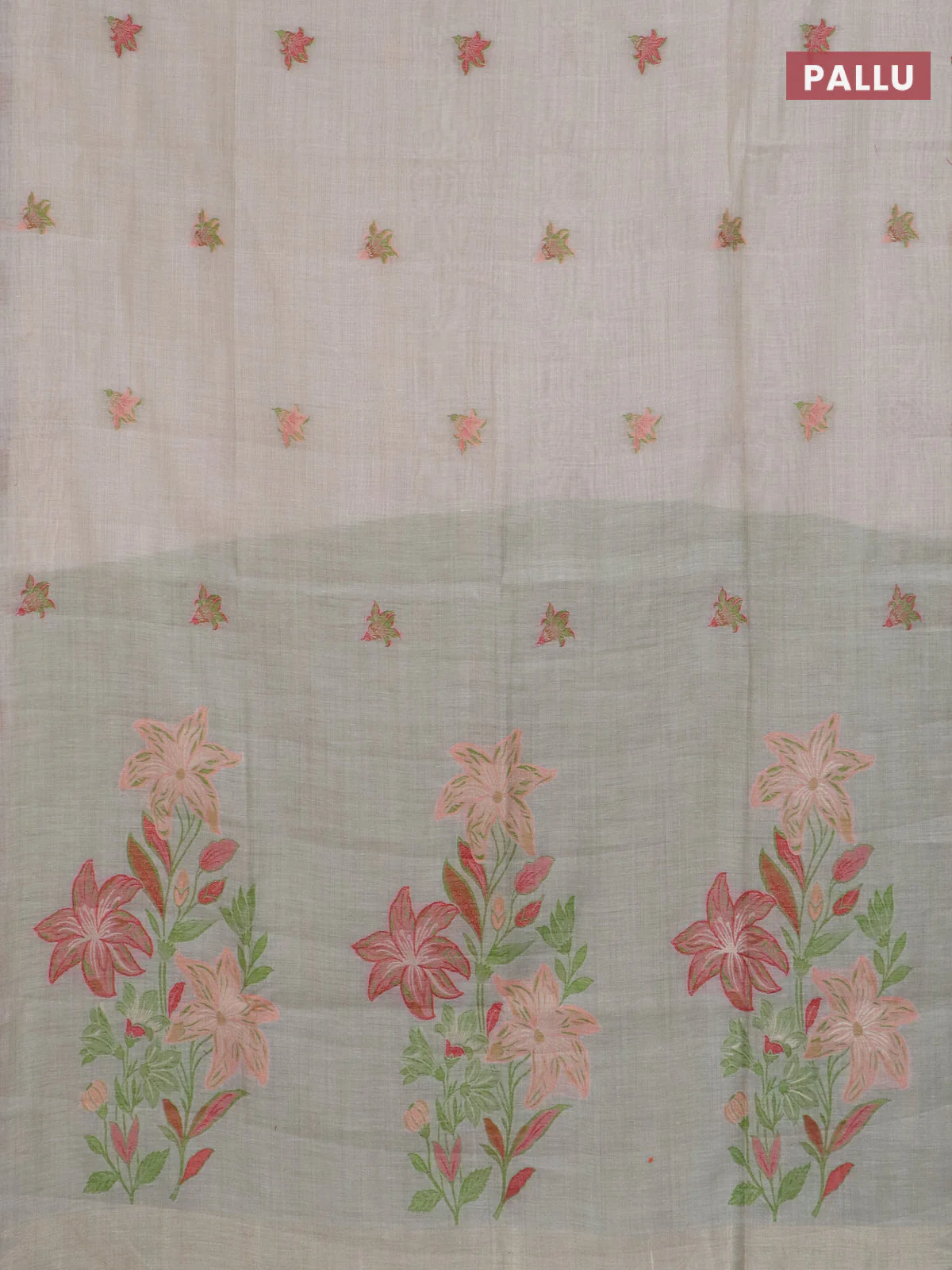 Jamdhani cotton saree beige and light green with allover thread woven buttas and jamdhani pallu - Image 3