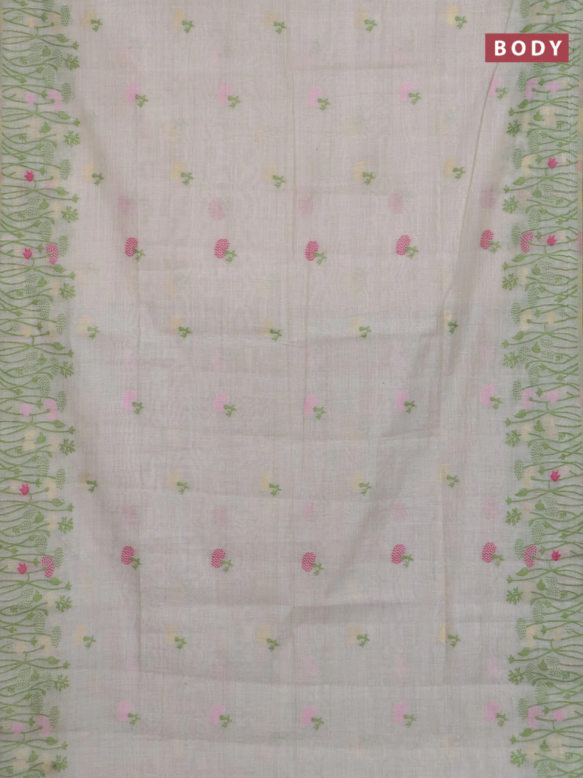 Jamdhani cotton saree beige and light green with allover thread woven buttas and jamdhani pallu - Image 2