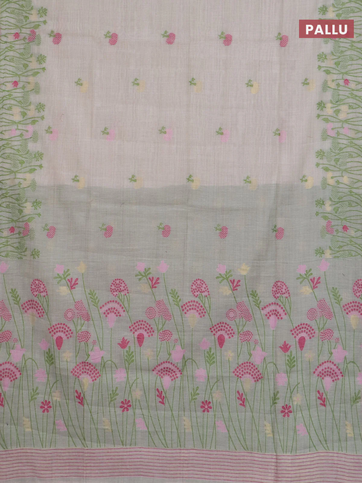 Jamdhani cotton saree beige and light green with allover thread woven buttas and jamdhani pallu - Image 3