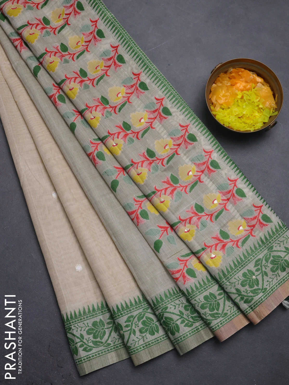 Jamdhani cotton saree beige and light green with thread & zari woven buttas and thread weaving pallu