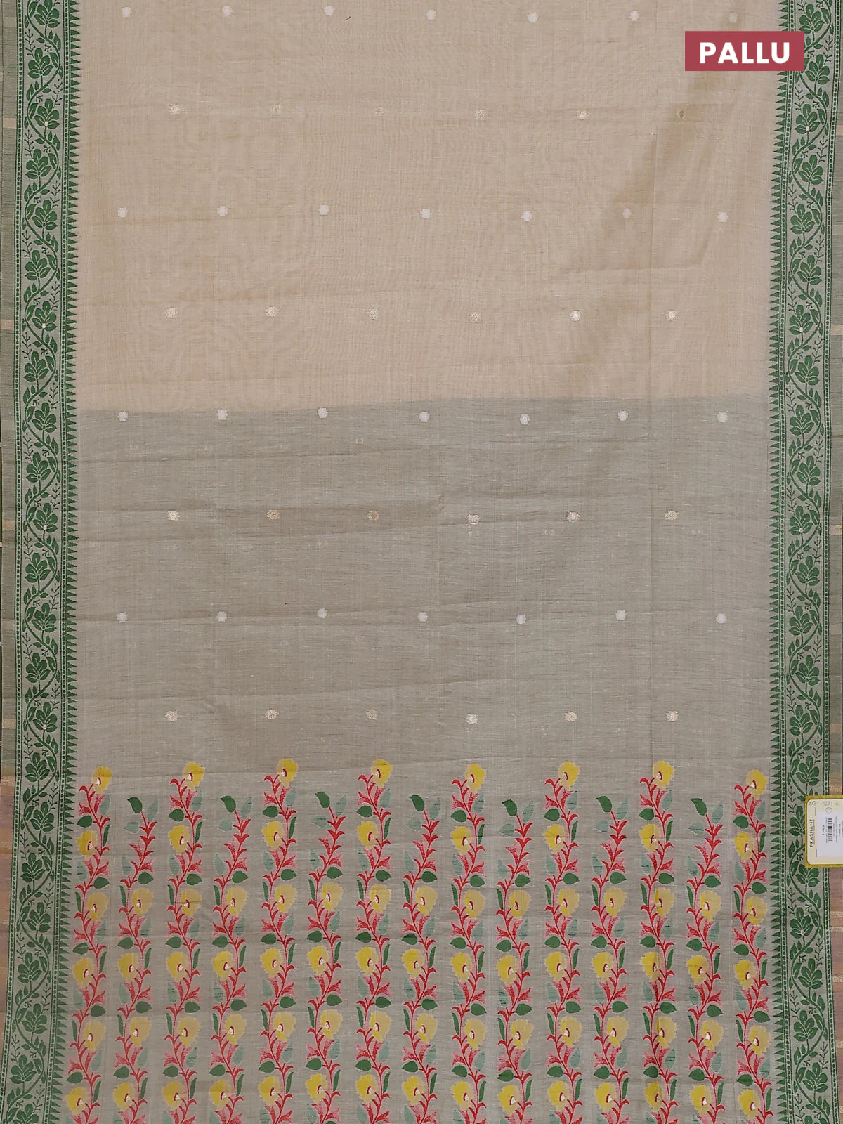 Jamdhani cotton saree beige and light green with thread & zari woven buttas and thread weaving pallu - Image 3
