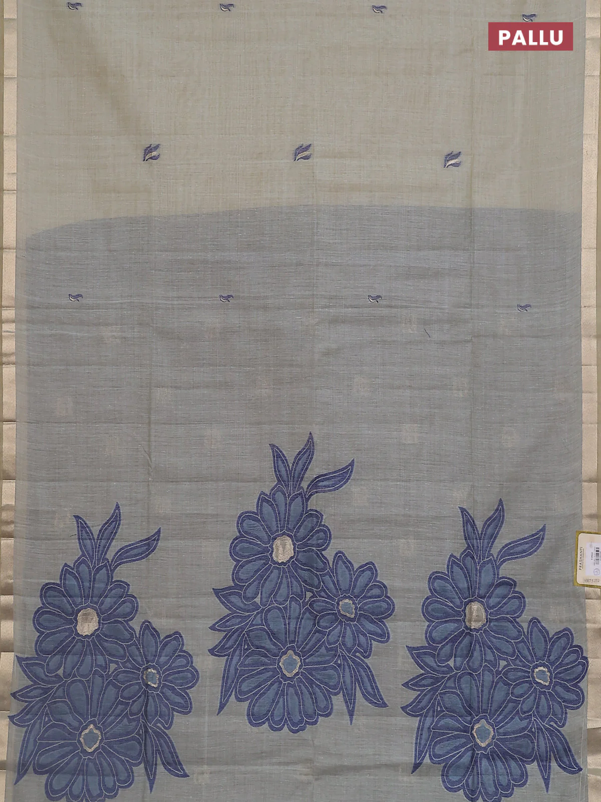 Jamdhani cotton saree beige and navy blue with thread woven buttas and thread weaving pallu - Image 3