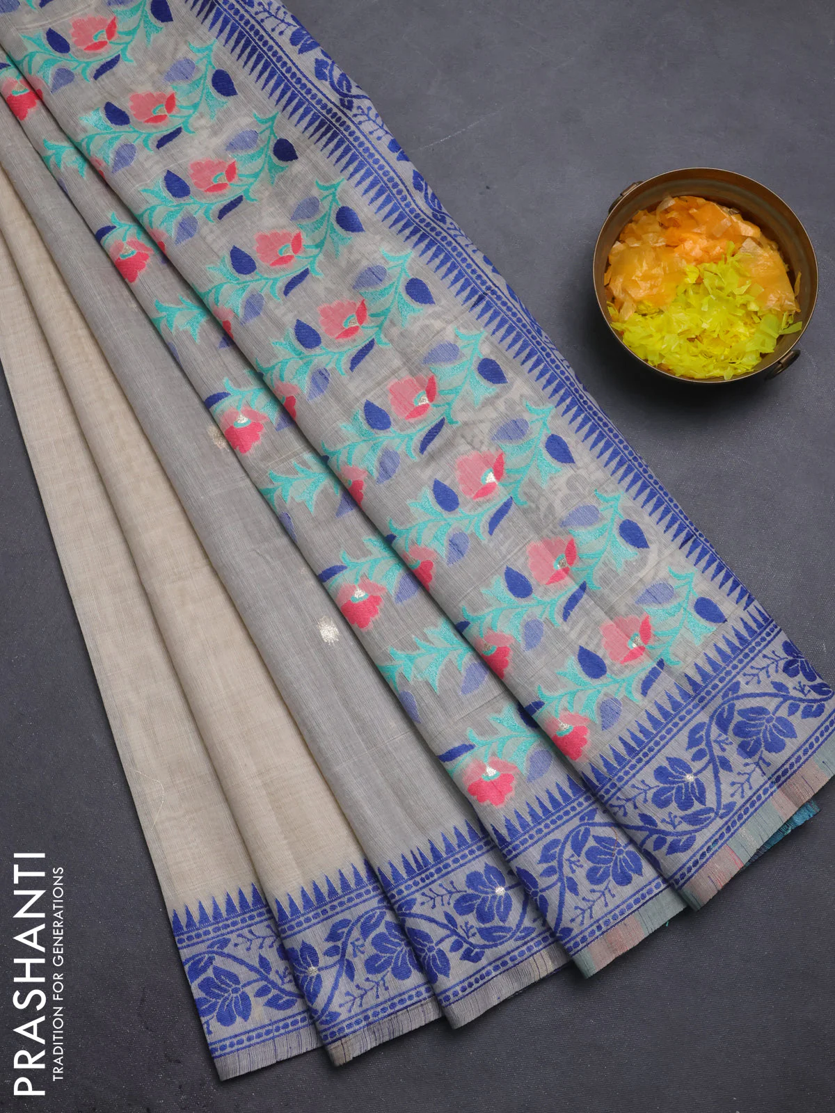Jamdhani cotton saree beige and navy blue with thread & zari woven buttas and thread weaving pallu