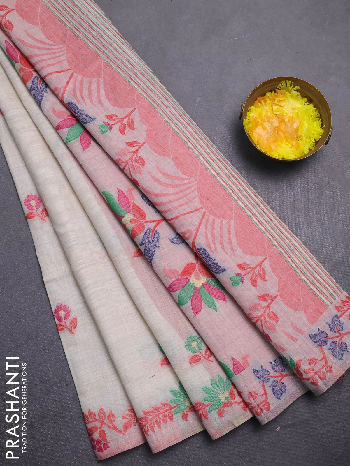 Jamdhani cotton saree beige and red with allover thread woven buttas and jamdhani pallu