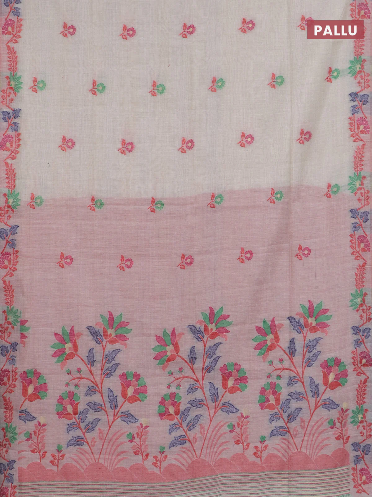 Jamdhani cotton saree beige and red with allover thread woven buttas and jamdhani pallu - Image 3