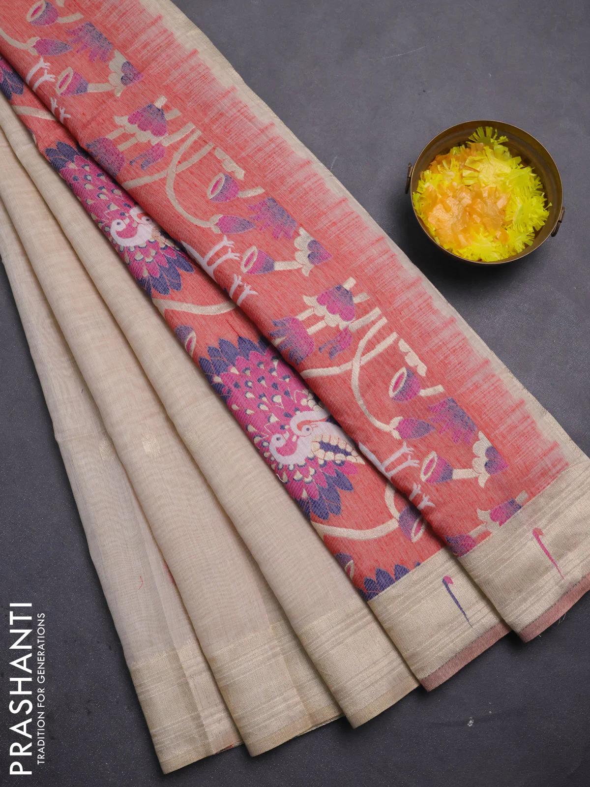 Jamdhani cotton saree beige and red with thread & zari woven buttas and jamdhani pallu