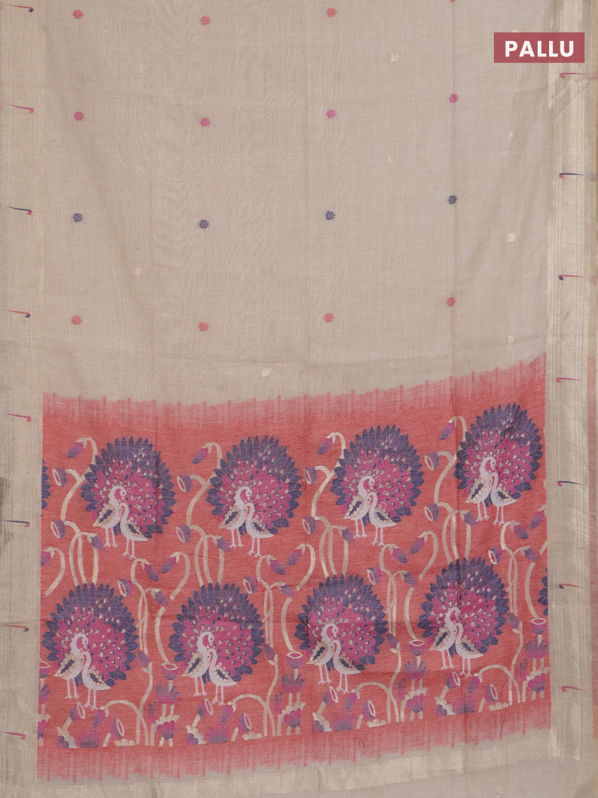 Jamdhani cotton saree beige and red with thread & zari woven buttas and jamdhani pallu - Image 3