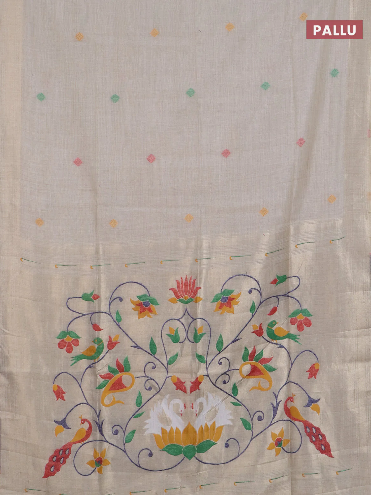 Jamdhani cotton saree beige with thread woven buttas and jamdhani pallu - Image 3